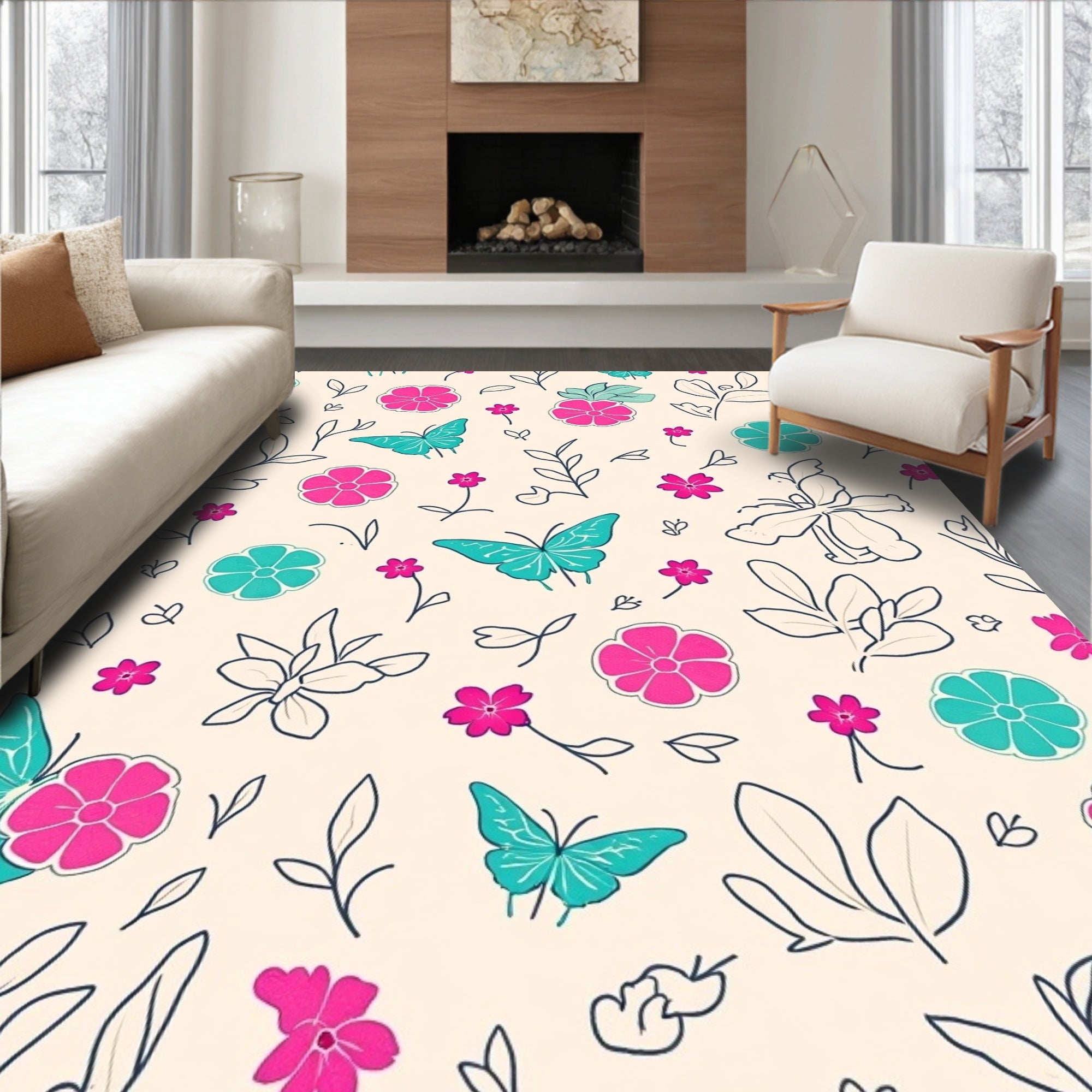 Whimsical Butterfly Flower Garden Print Rug