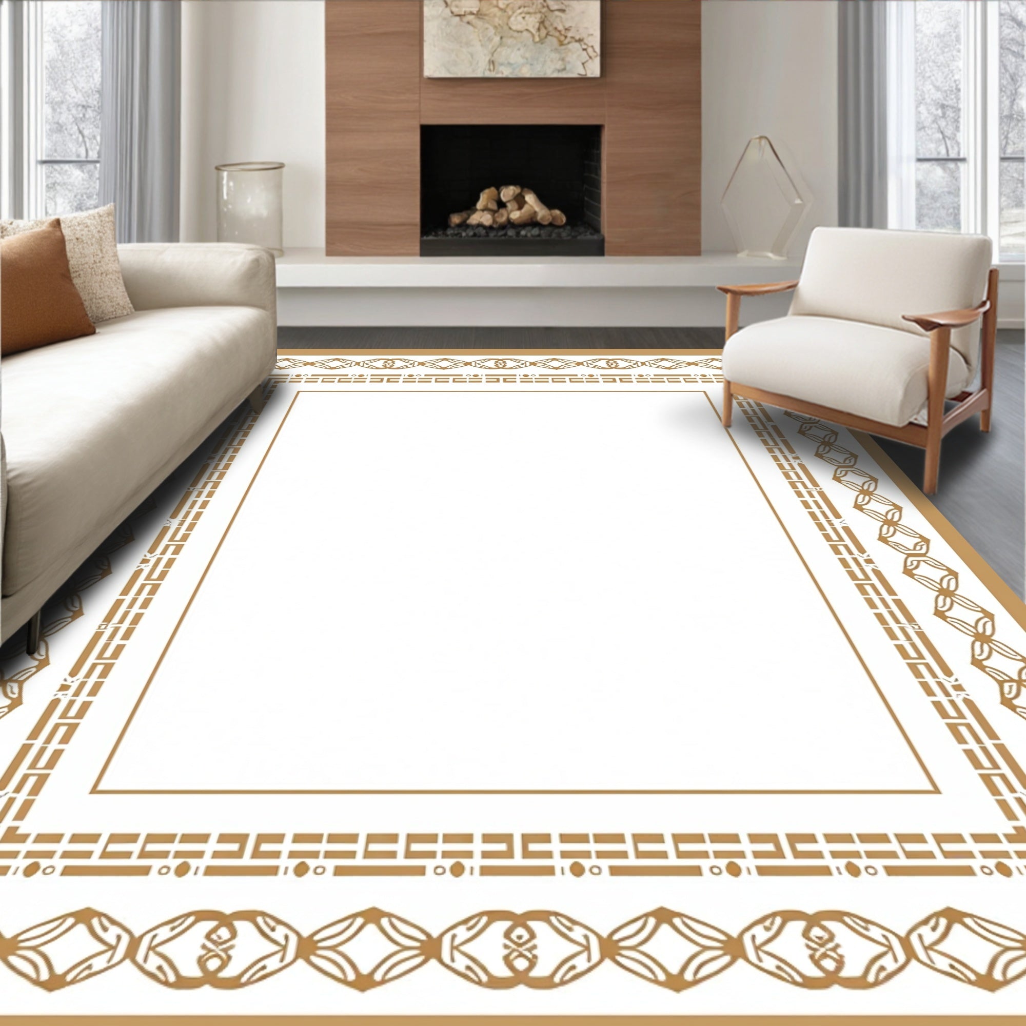 Elegant Gold Interlocking Square Frame Design Rug