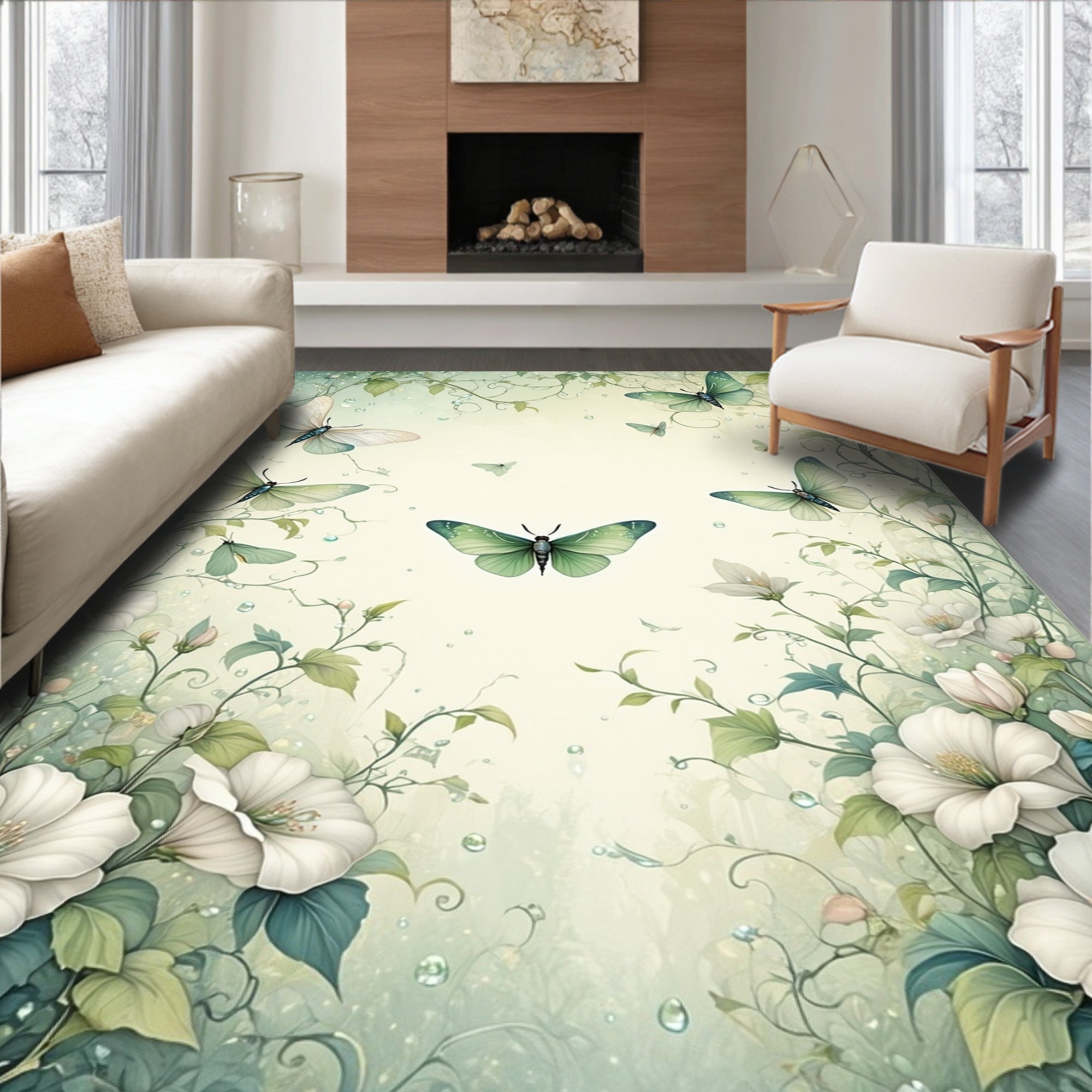 Whimsical Green Butterflies and Flowers Rug