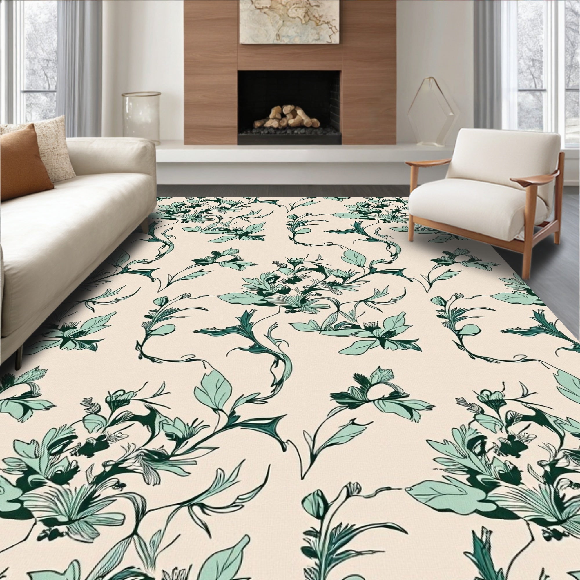 Elegant Teal Floral Vine Pattern Rug