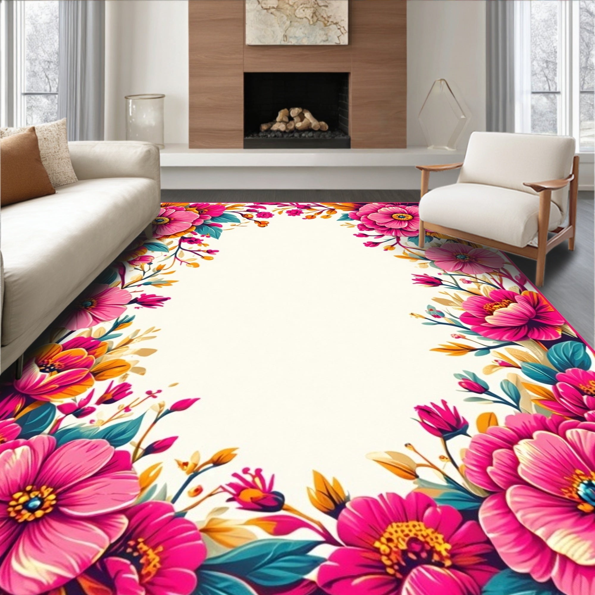 Vibrant Pink Floral Garden Design Rug
