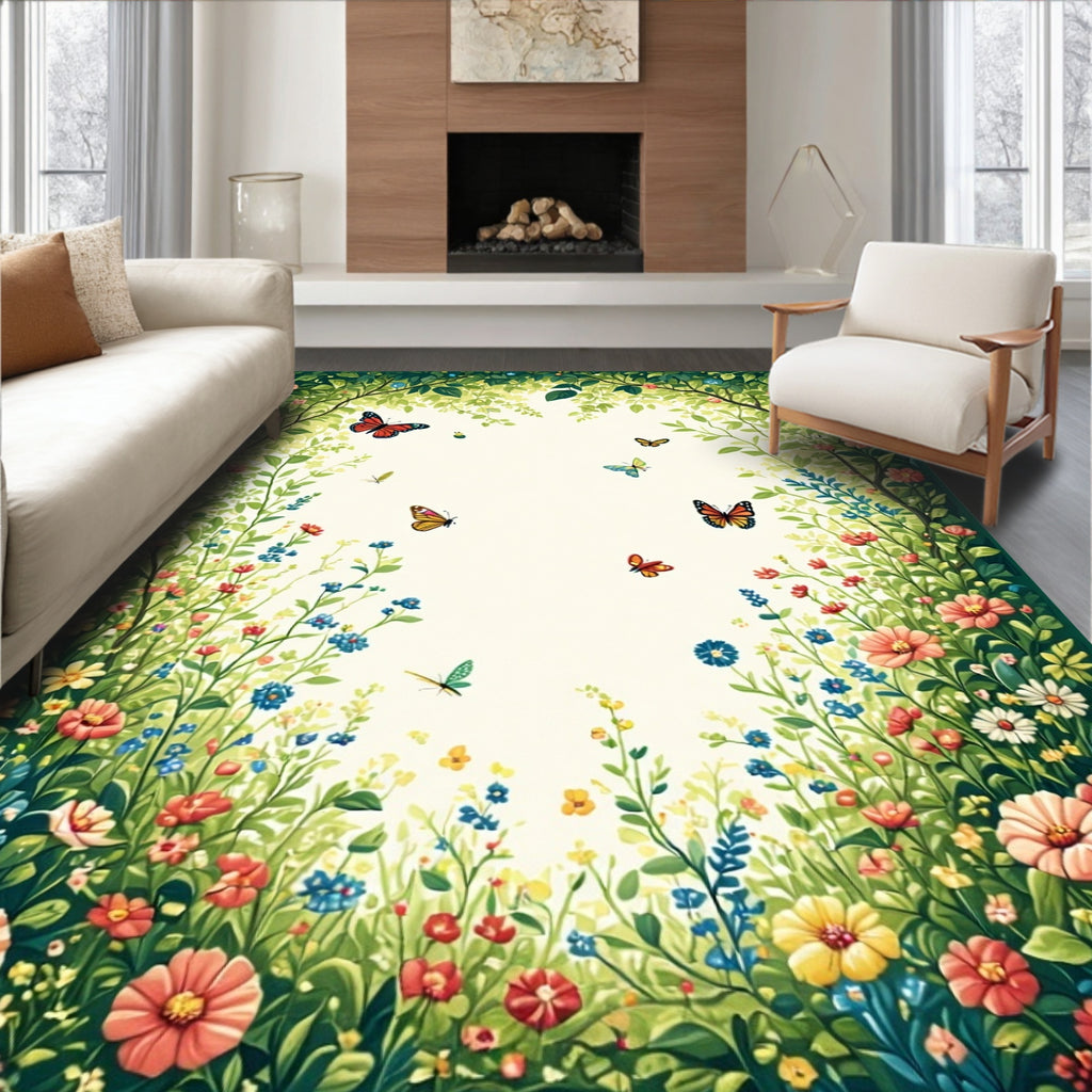 Lush Garden Butterfly Floral Meadow Rug