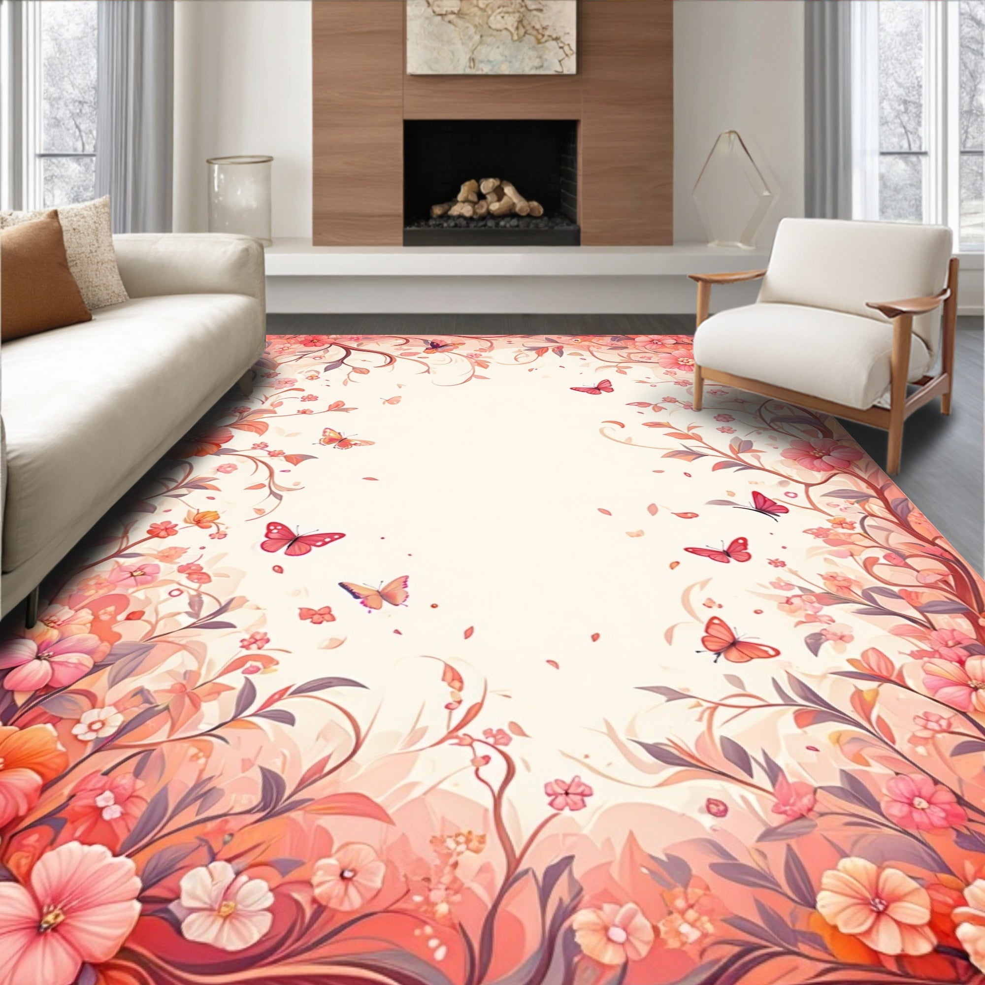 Whimsical Floral Butterfly Meadow Design Rug
