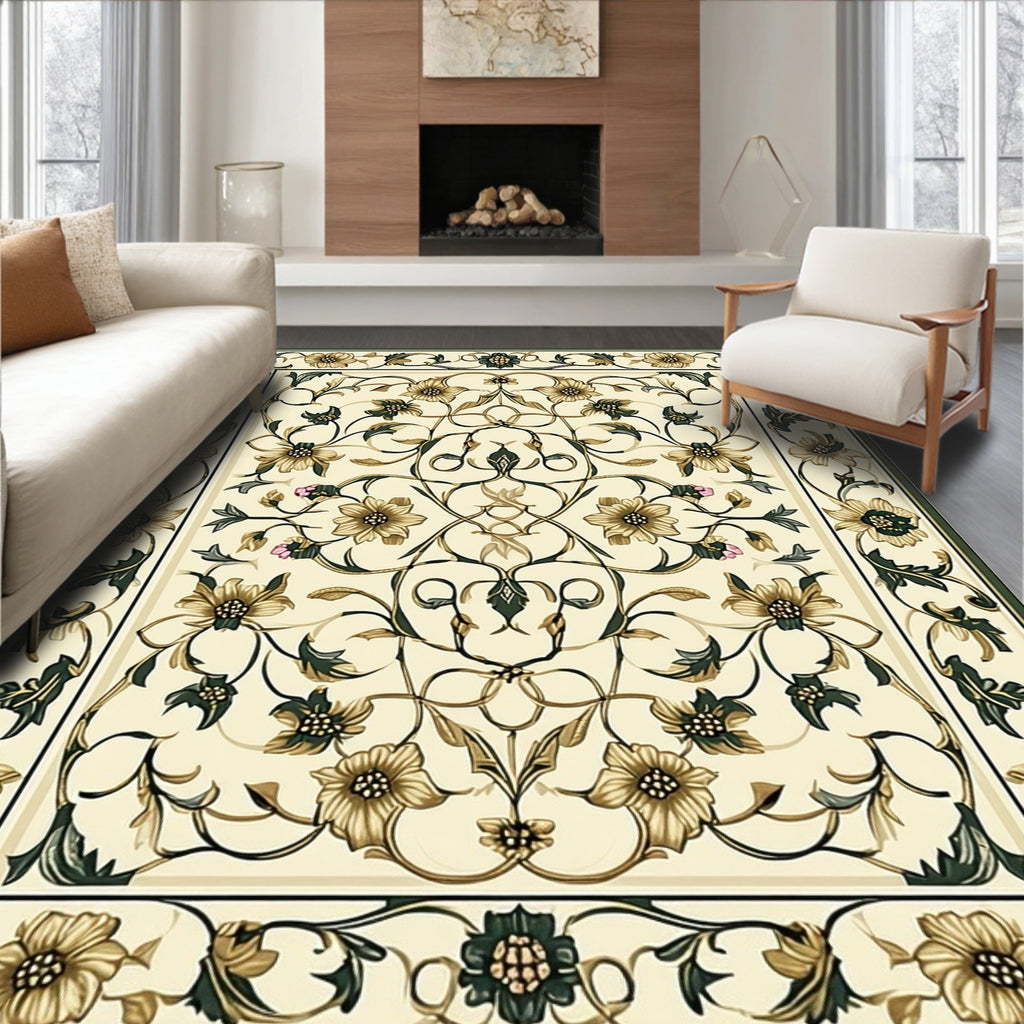Ornate Floral Vine Motif Cream Rug
