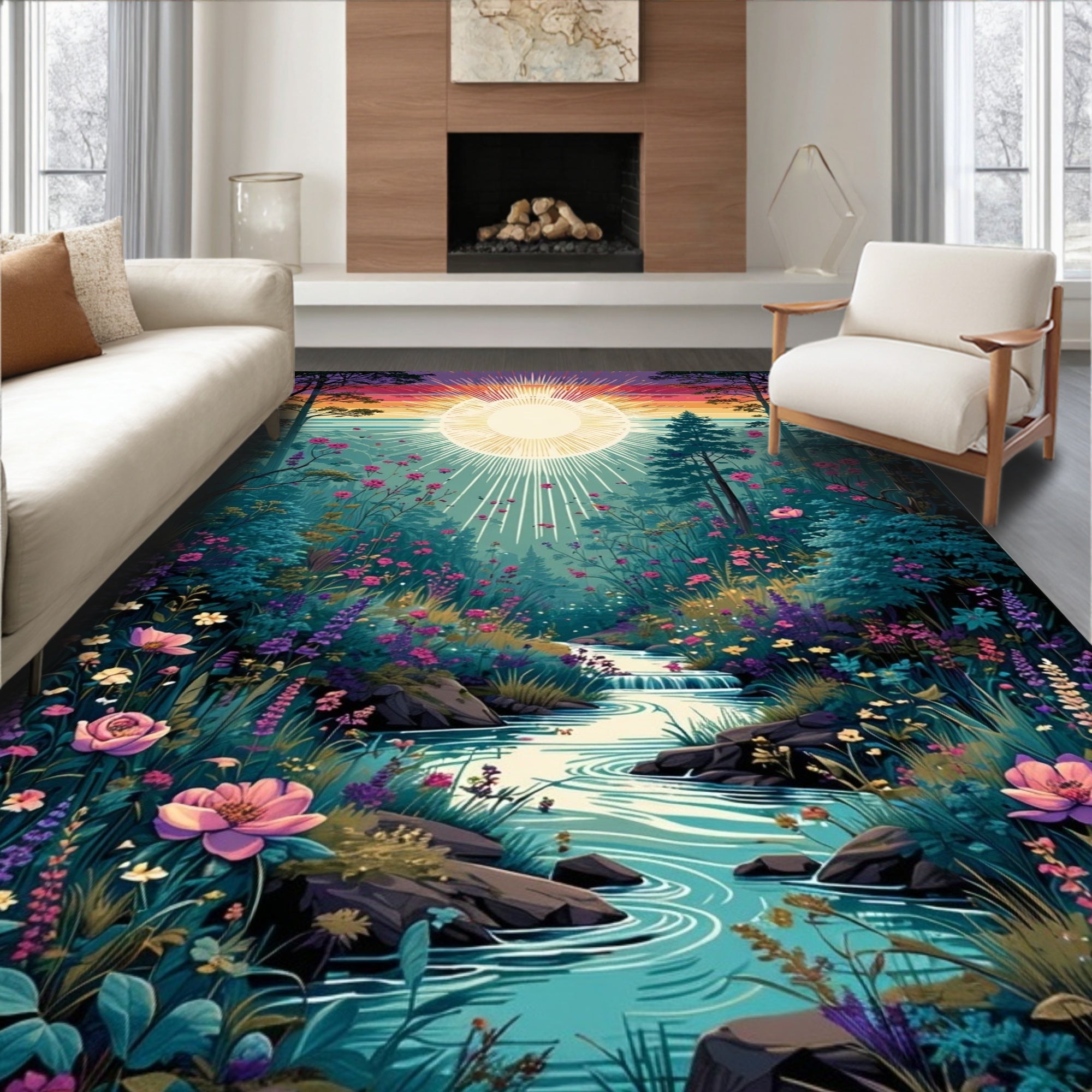Enchanting Forest River Floral Sunburst Rug