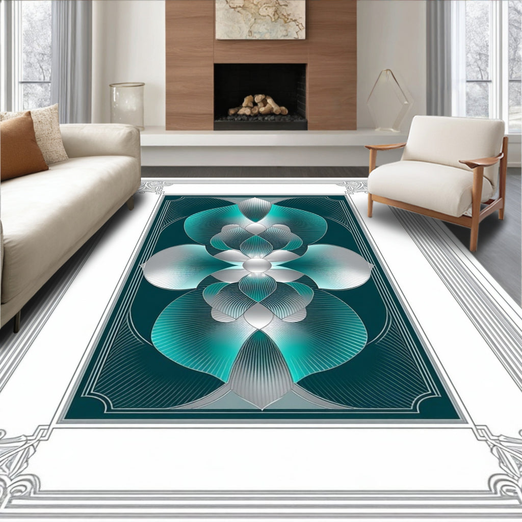 Art Deco Floral Teal Silver Design Rug
