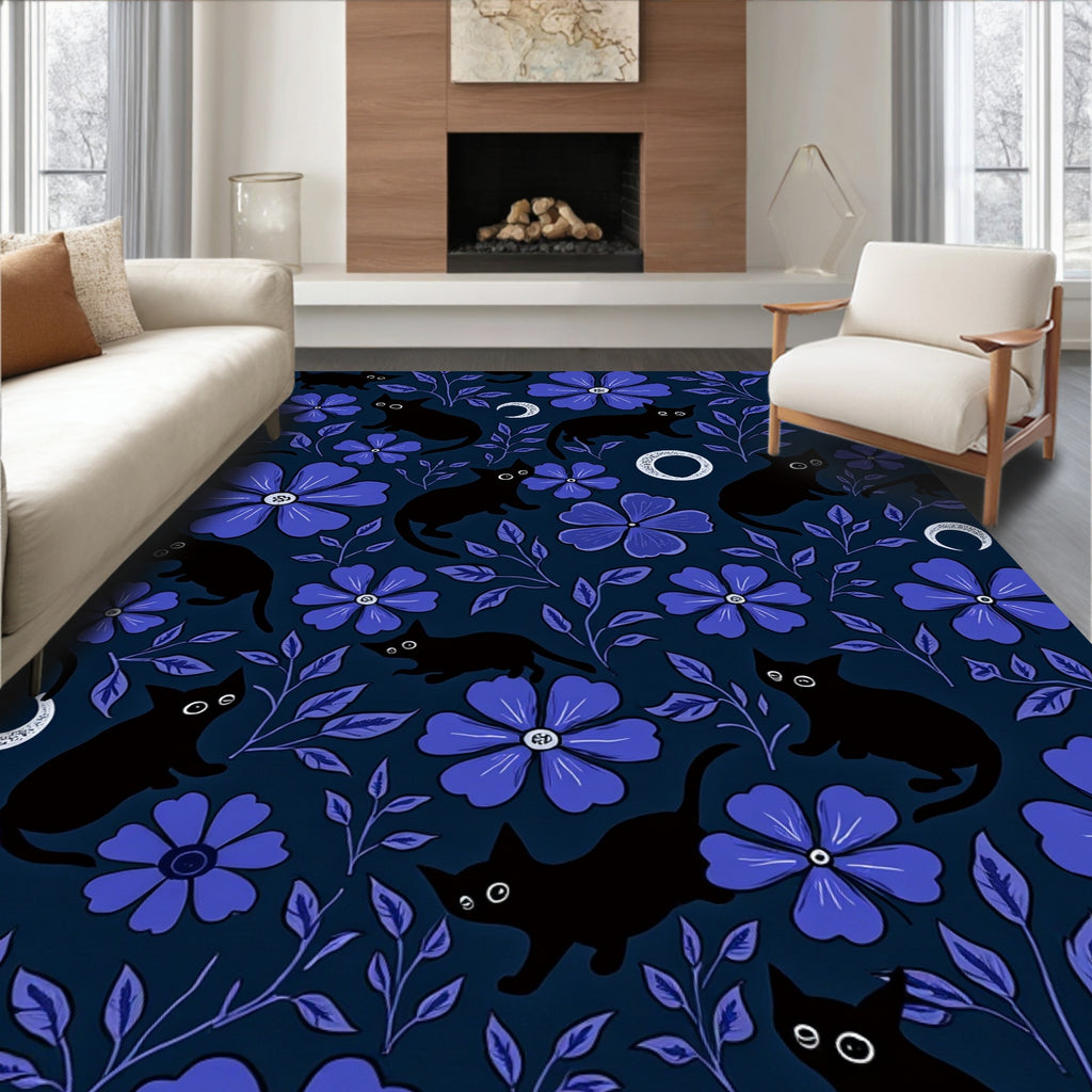 Whimsical Black Cat Floral Pattern Rug