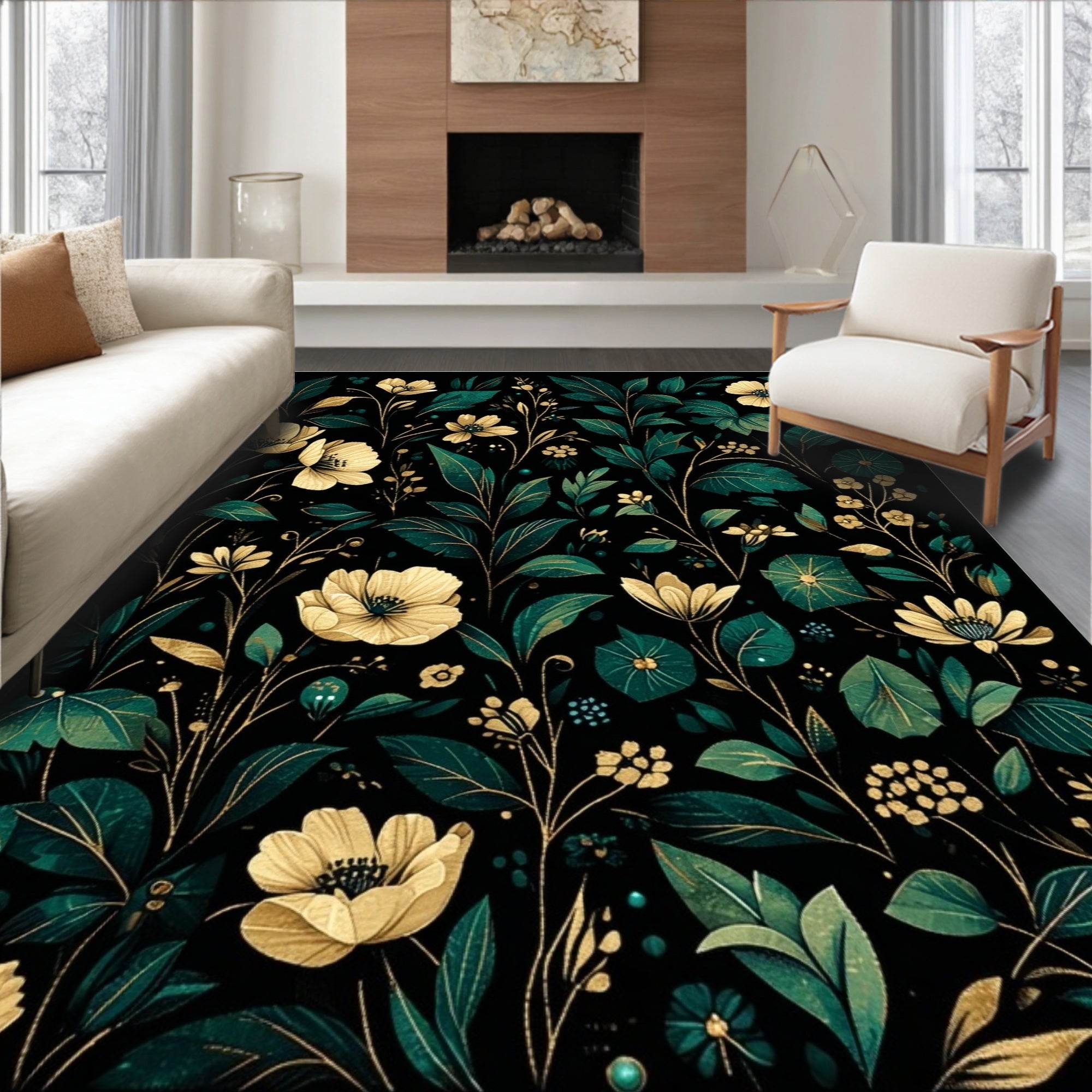 Dark Floral Botanical Garden Style Rug