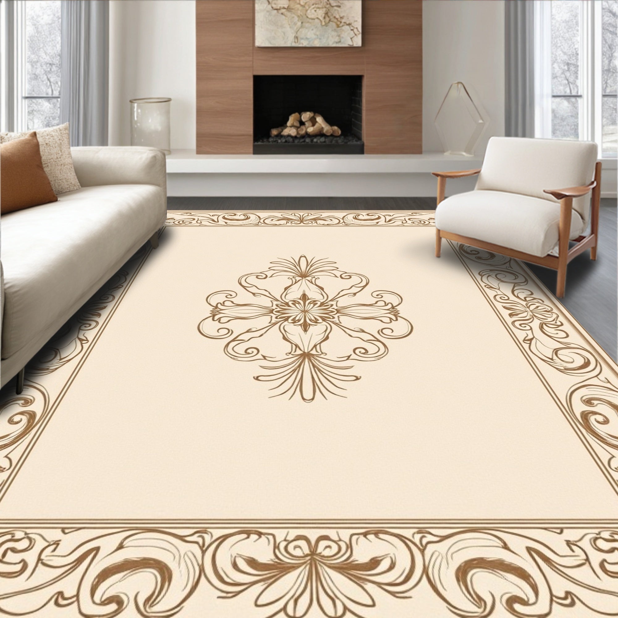 Elegant Floral Scrollwork Beige Rug