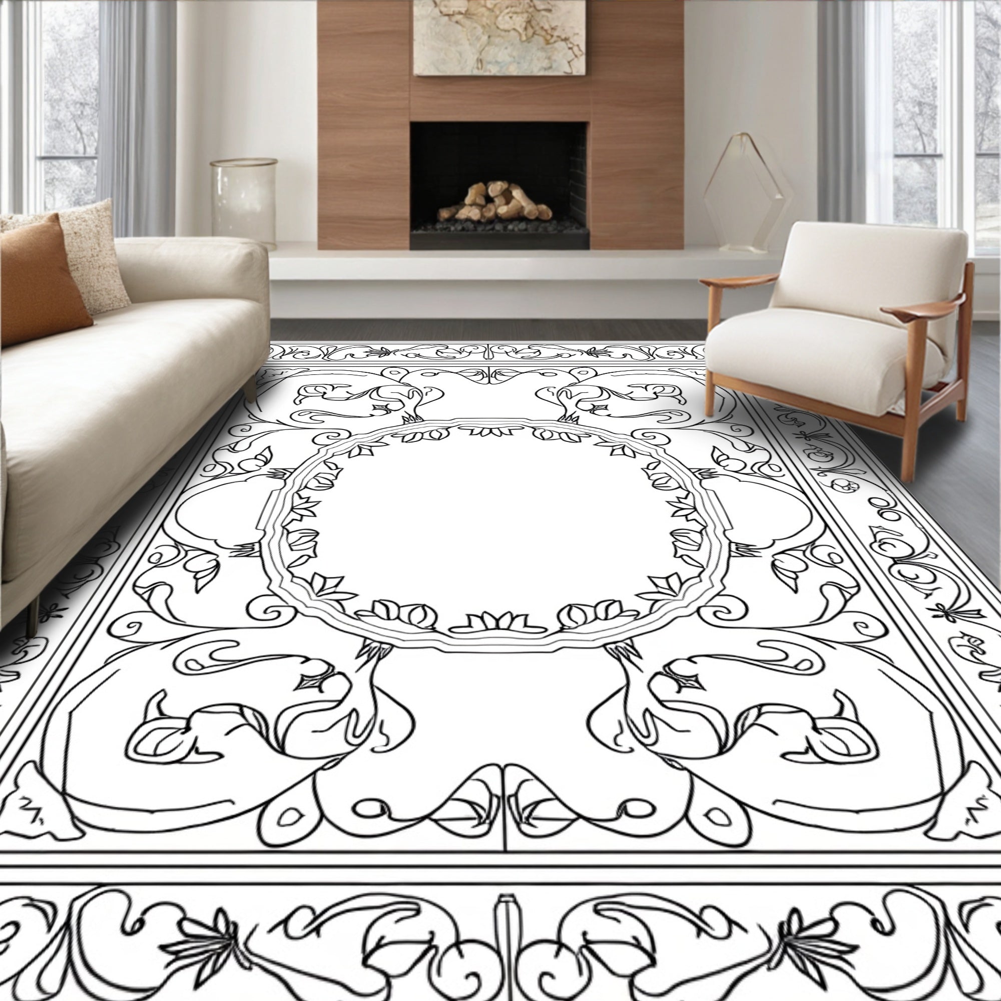 Art Nouveau Floral Scroll Pattern Rug