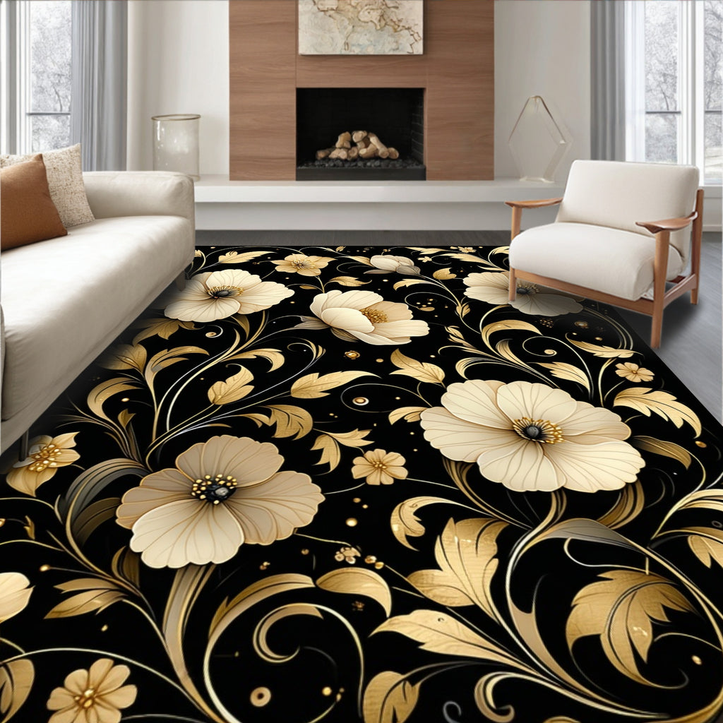 Elegant Gold Floral Pattern Rug