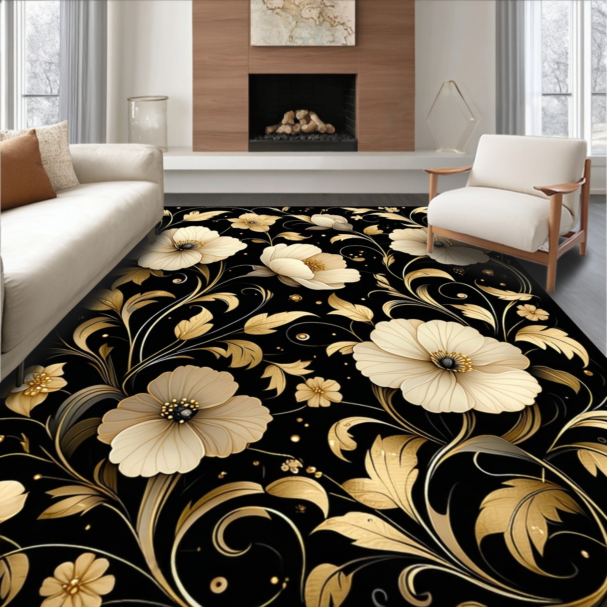 Elegant Gold Floral Pattern Rug