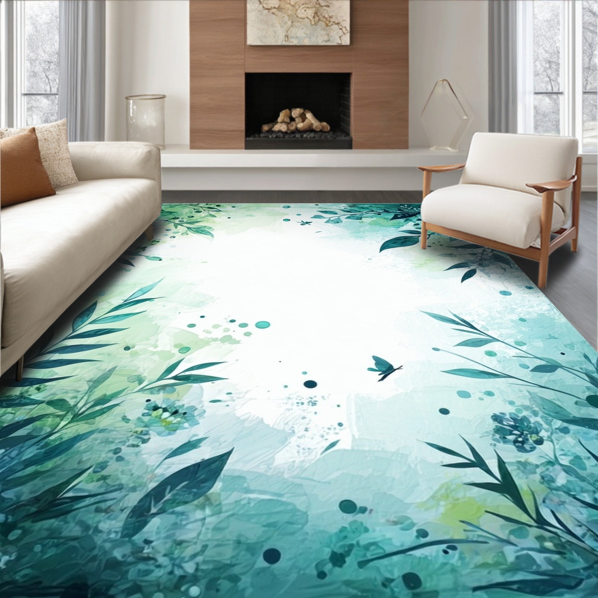 Aqua Leafy Garden Watercolor Pattern Rug