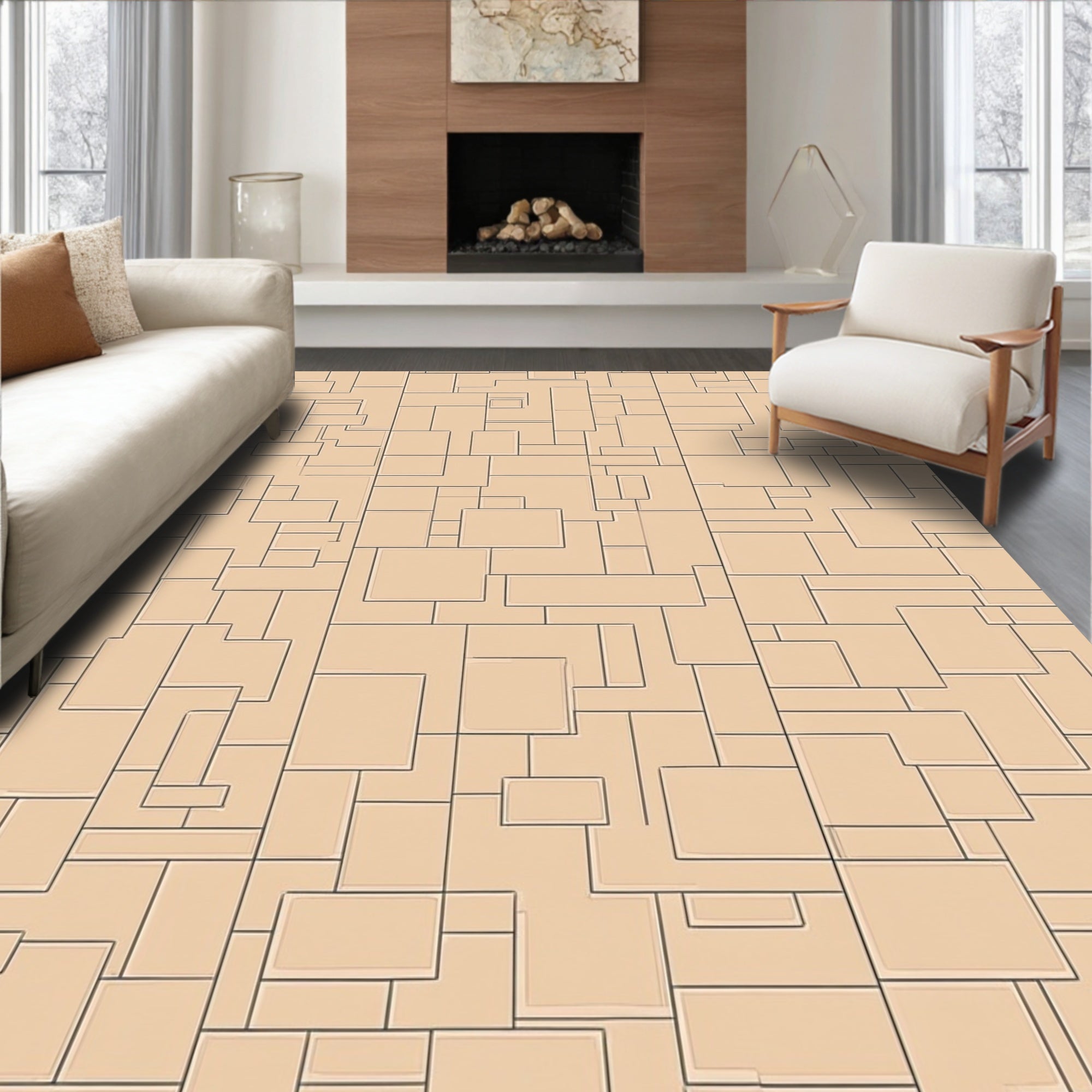 Geometric Tan And Black Abstract Pattern Rug