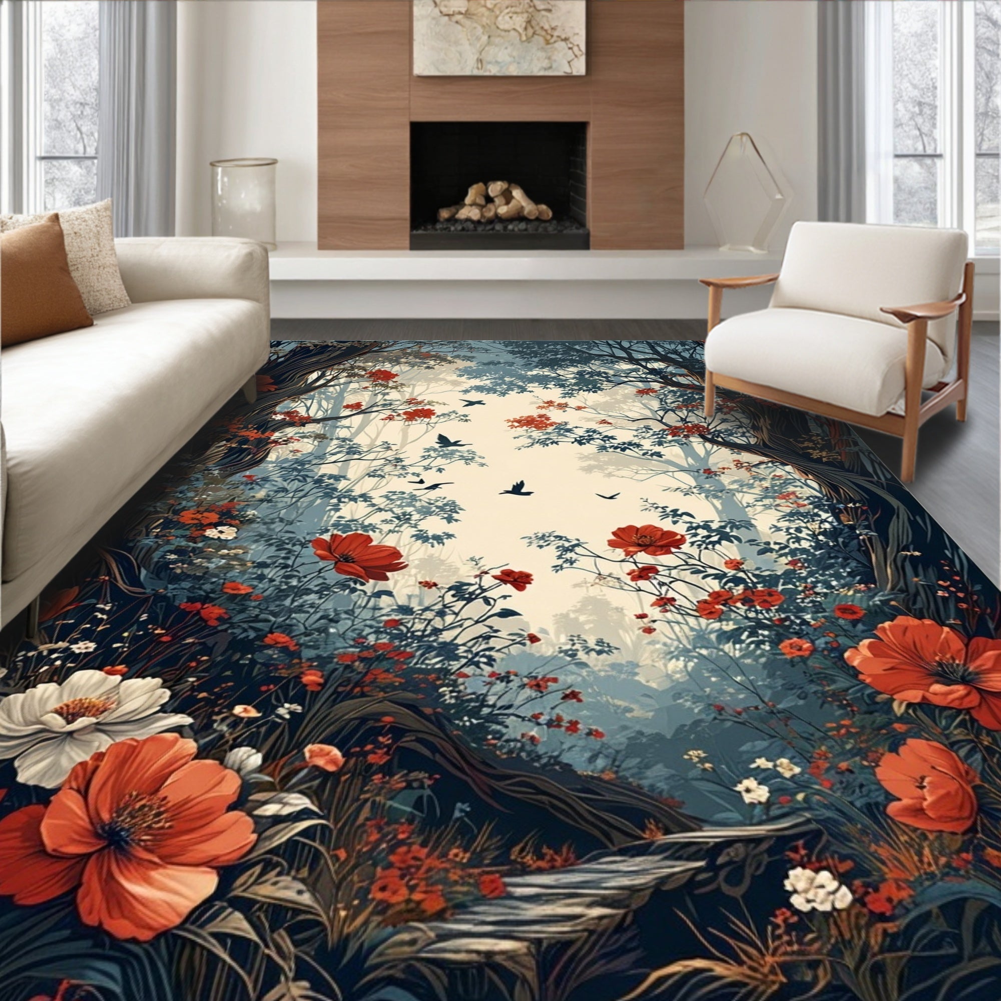 Enchanted Forest Floral Bird Scene Rug