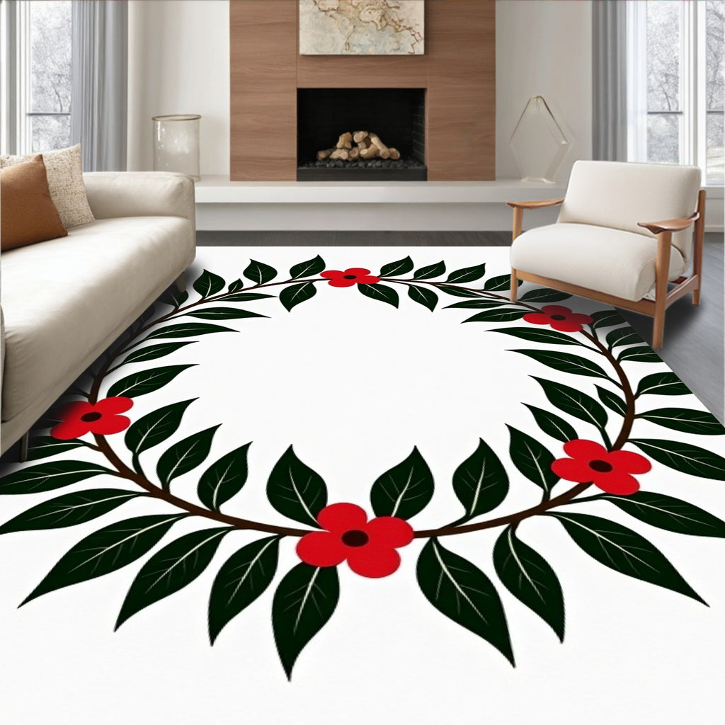 Red Floral Green Leaf Wreath Accent Rug