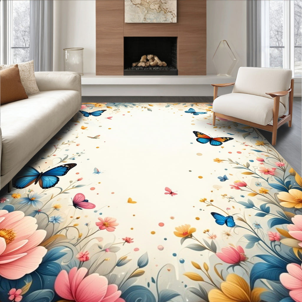 Whimsical Butterfly Floral Garden Rug