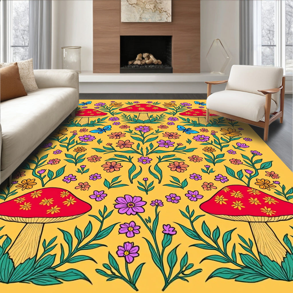 Whimsical Mushroom Butterfly Garden Print Rug