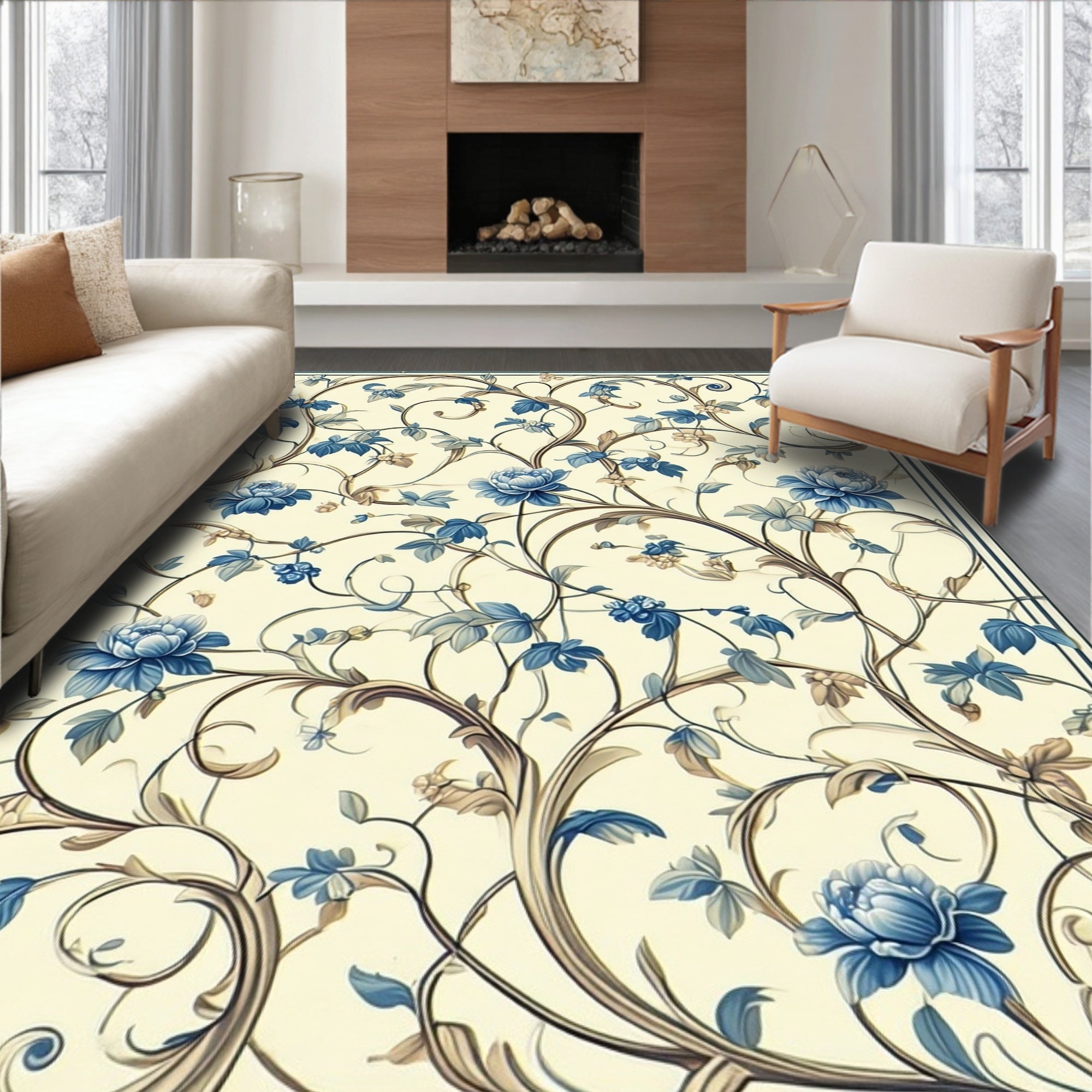 Classic Blue Floral Vine Pattern Rug