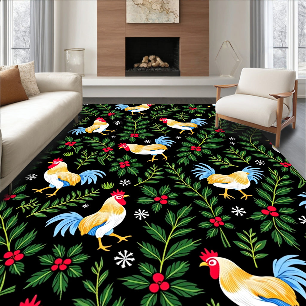 Festive Rooster Holly Berry Garland Rug