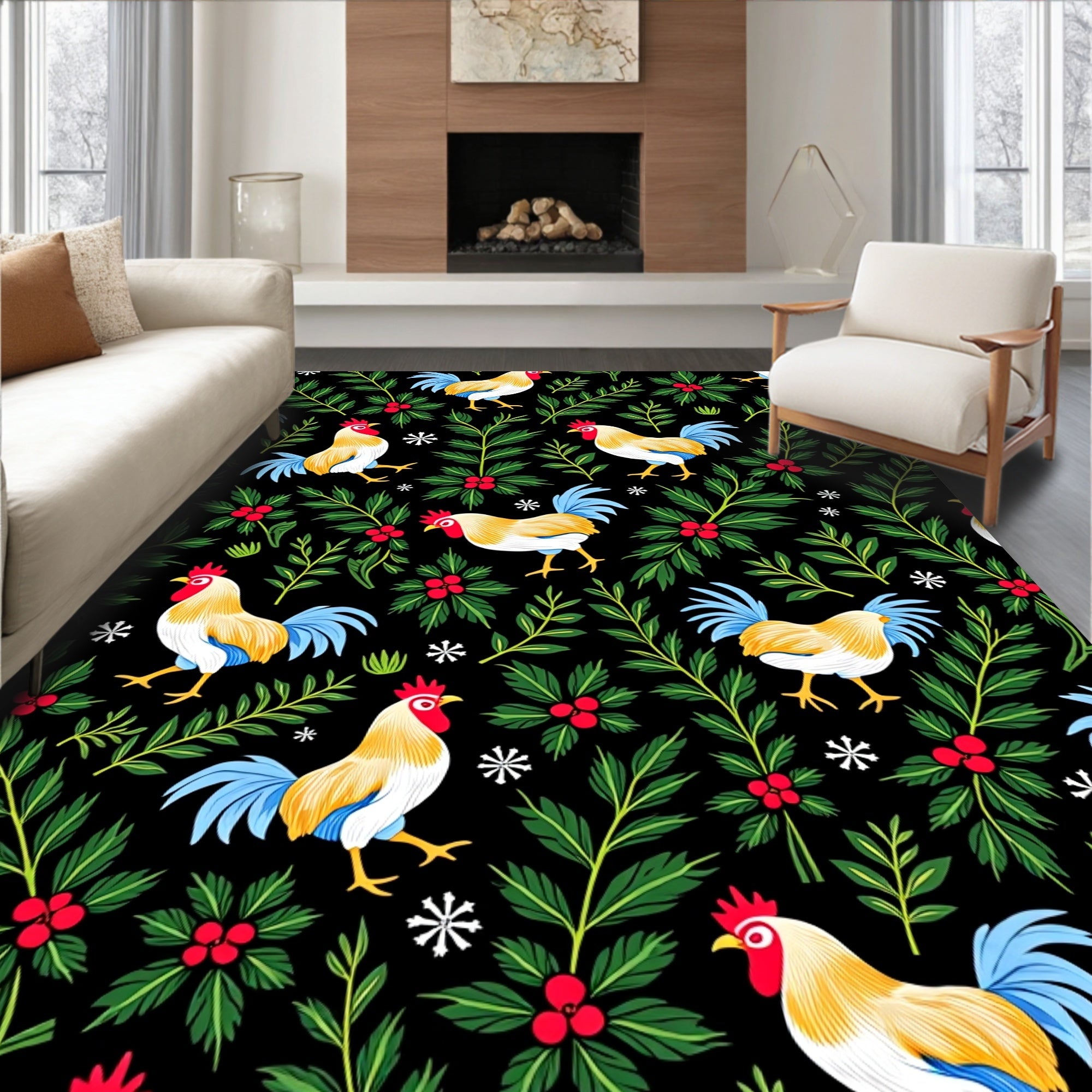 Festive Rooster Holly Berry Garland Rug