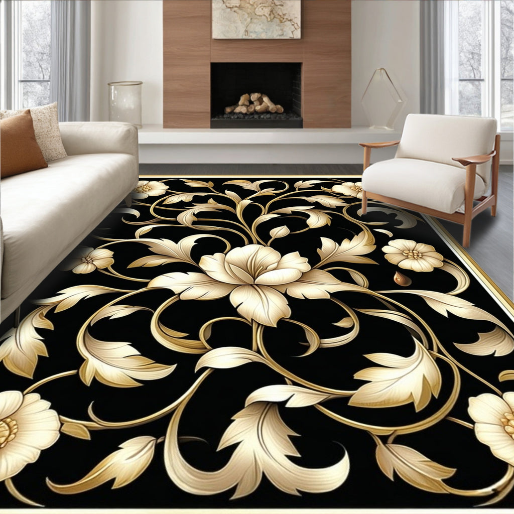 Ornate Black Gold Floral Design Rug