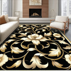 Ornate Black Gold Floral Design Rug
