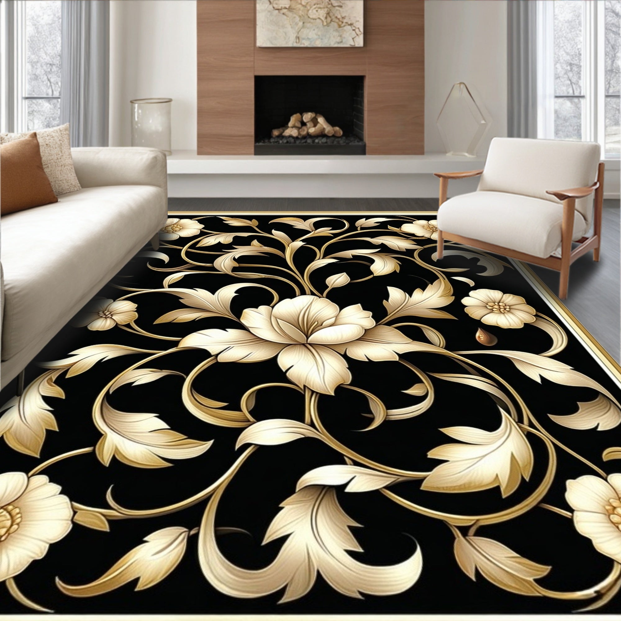 Ornate Black Gold Floral Design Rug