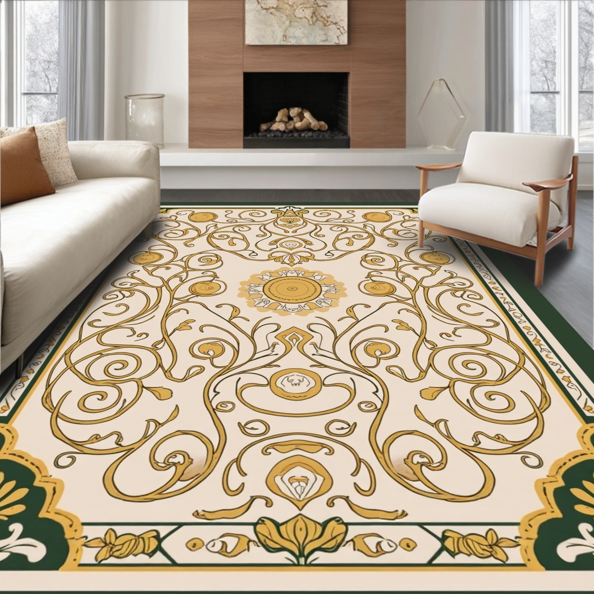 Elegant Gold Vine Floral Pattern Rug