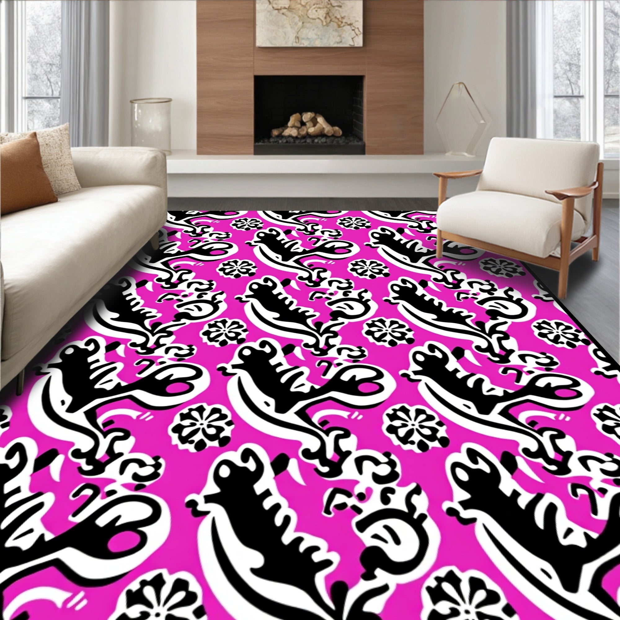 Bold Black White Floral Accents Rug