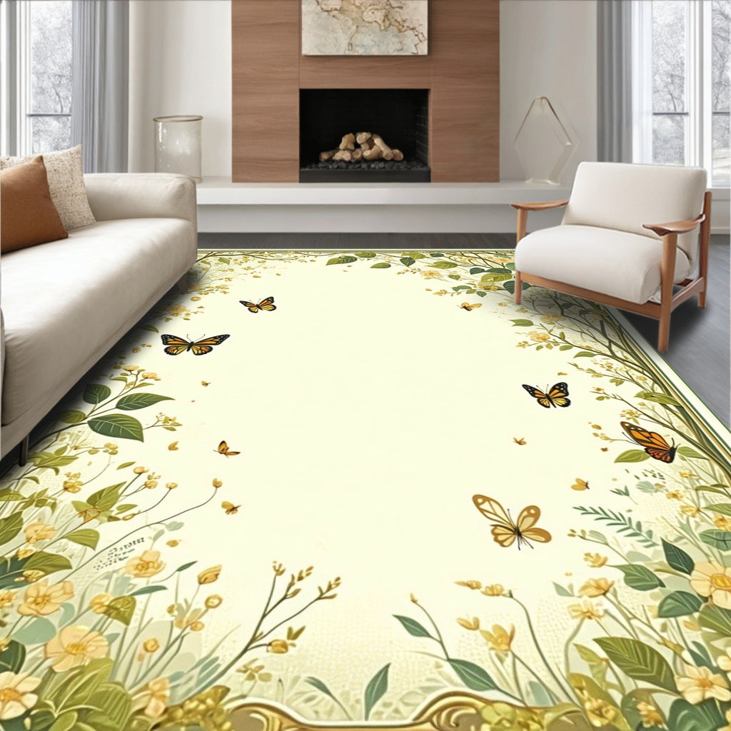 Whimsical Yellow Floral Butterfly Design Rug