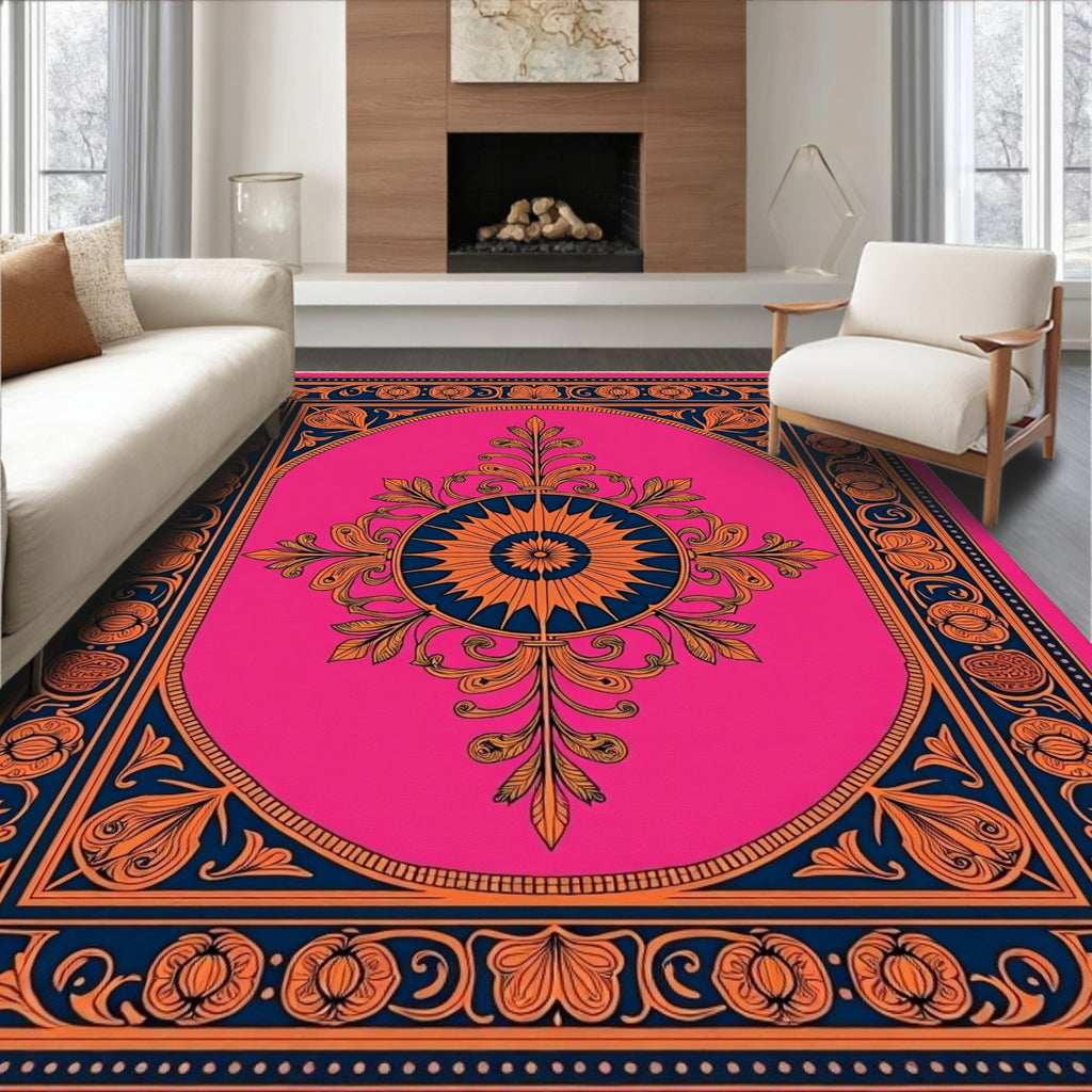Fuchsia Orange Navy Floral Medallion Round Rug
