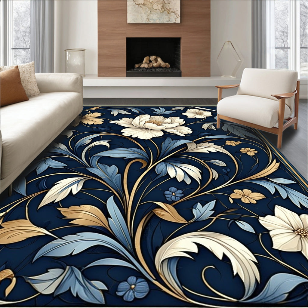 Elegant Navy Floral Scroll Pattern Rug