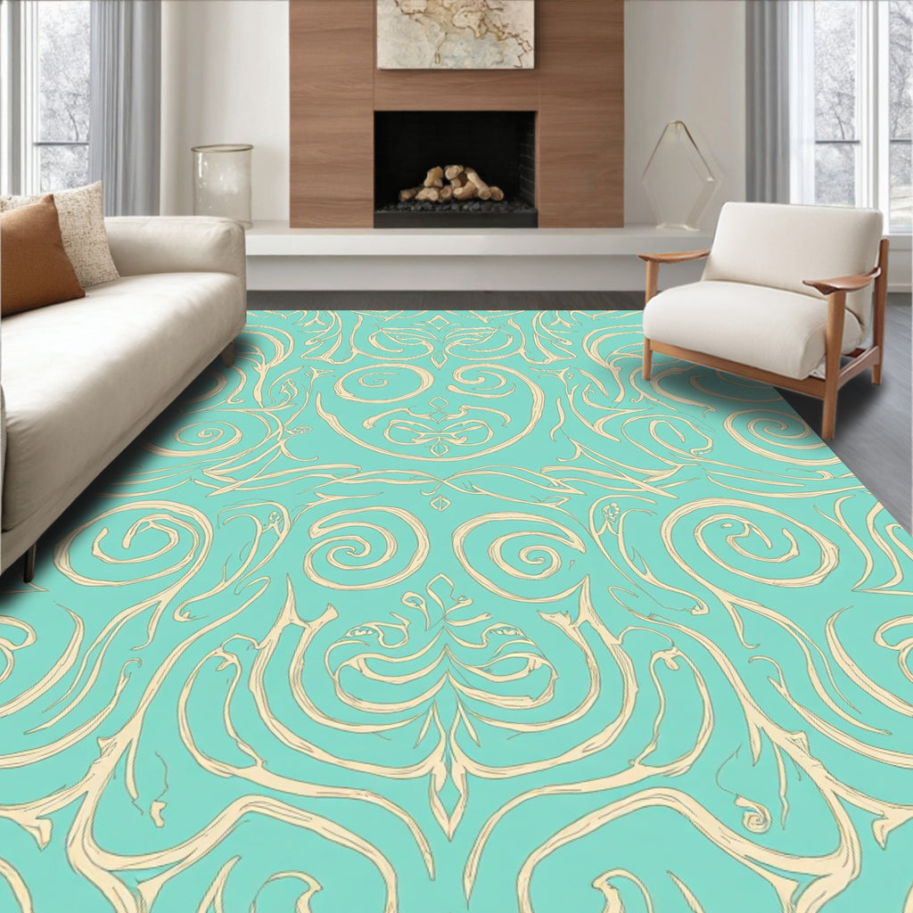 Aqua Beige Ornamental Swirl Pattern Rug