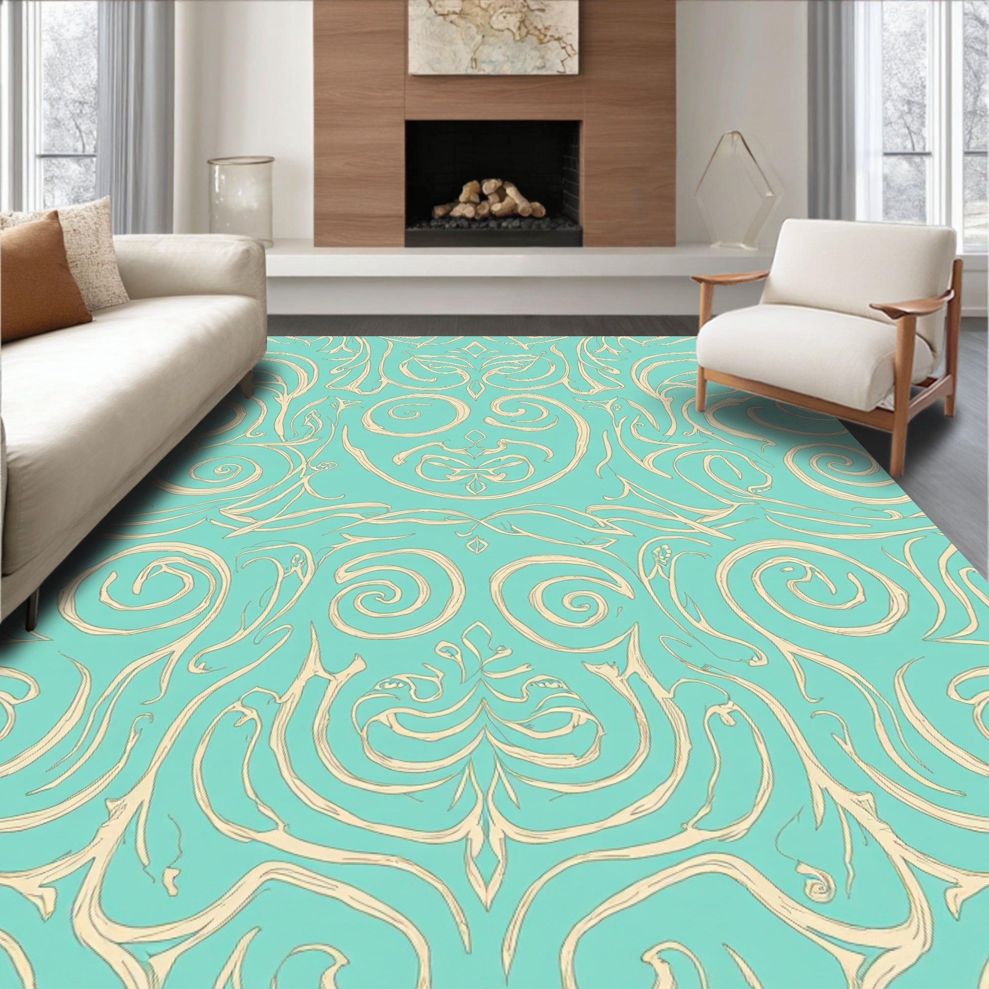 Aqua Beige Ornamental Swirl Pattern Rug