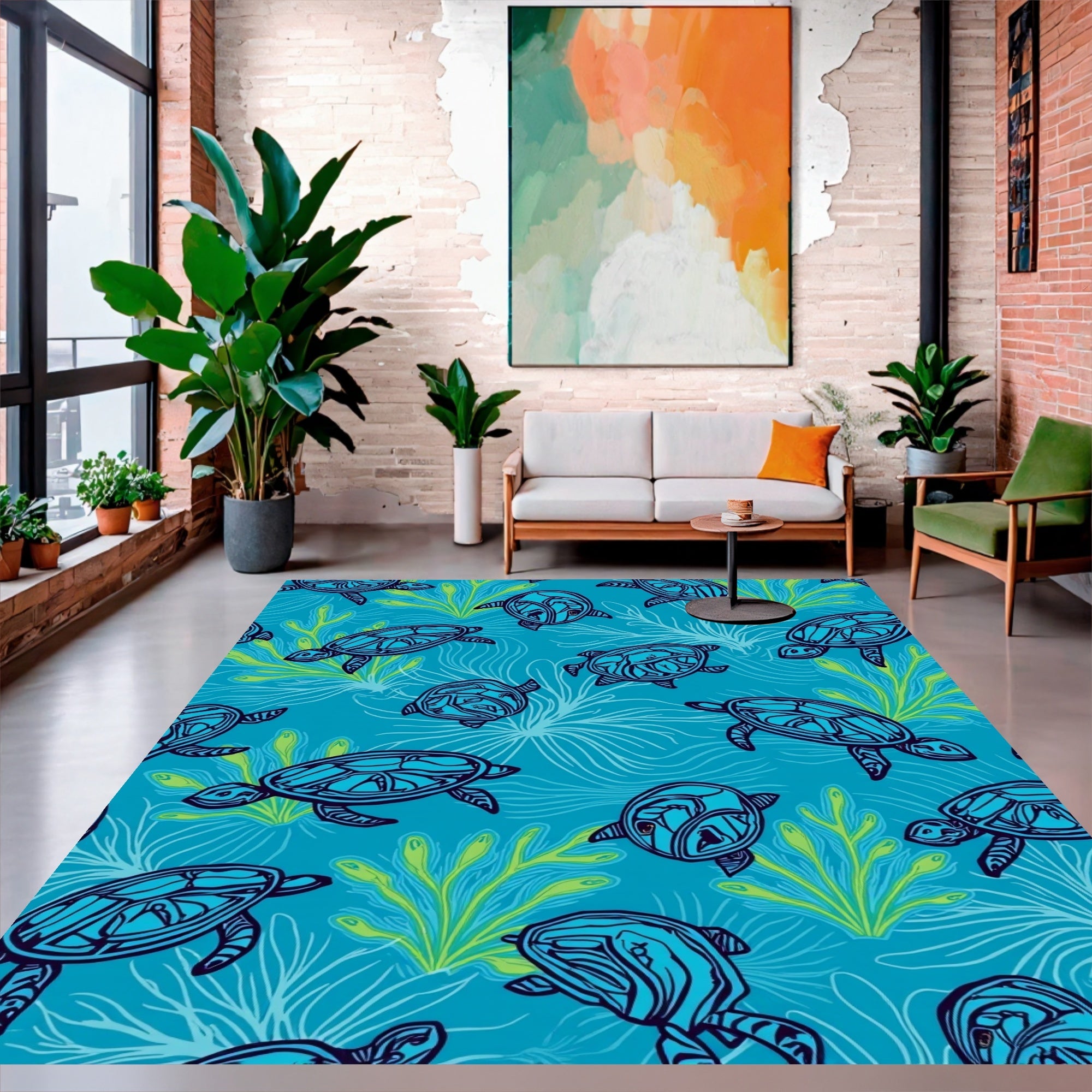Ocean Turtle Pattern With Seaweed Rug
