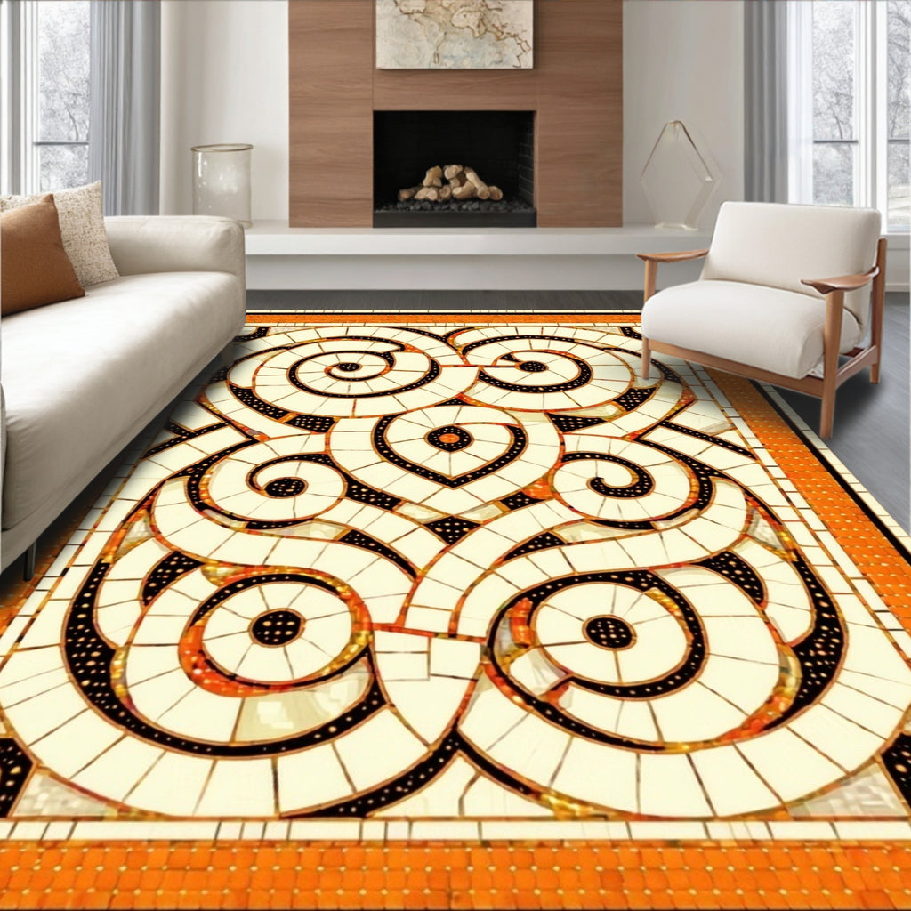Ornate Swirl Graphic With Orange Border Rug