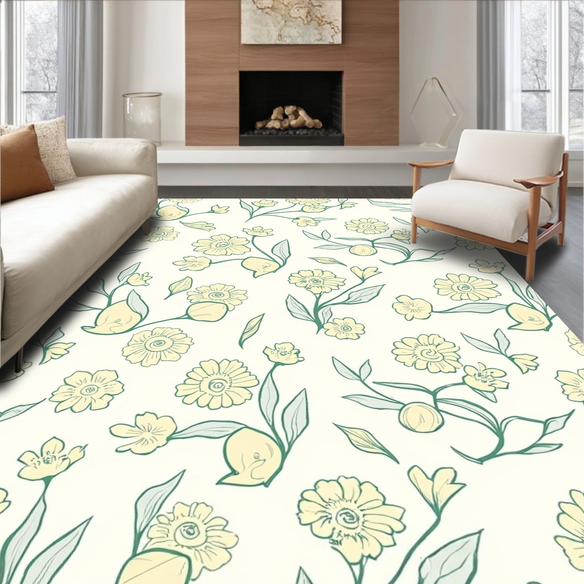 Delicate YellowFloral Botanical Design Rug