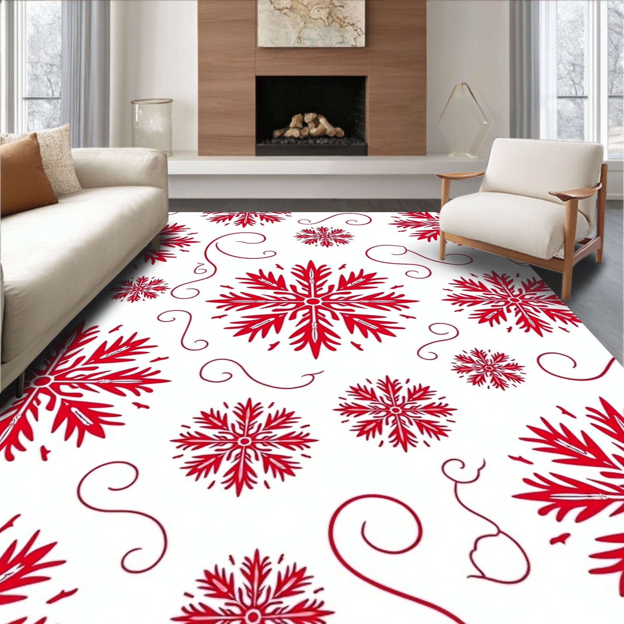 Red Snowflake Swirl Abstract Background Rug