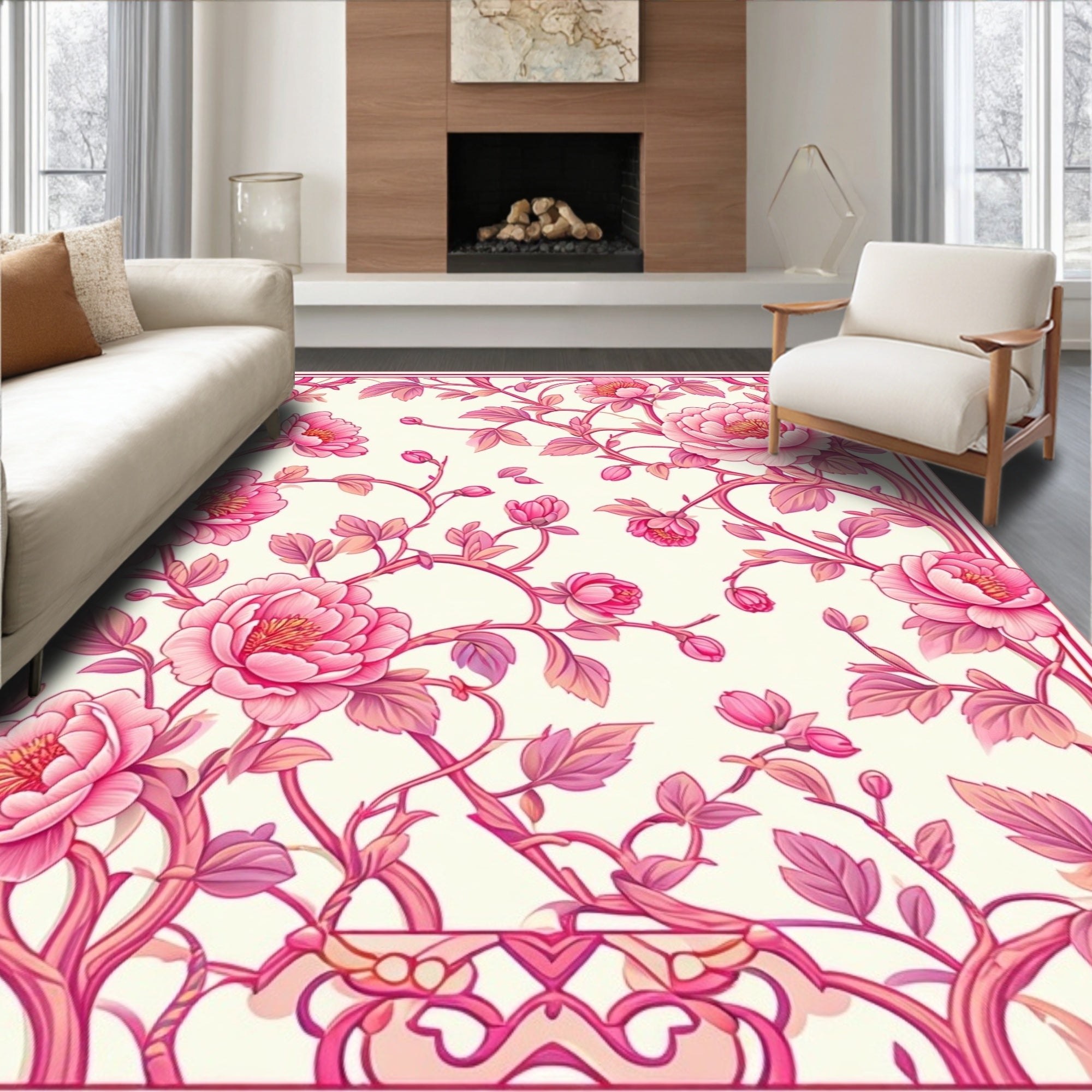 Pink Floral Vine Pattern Rug