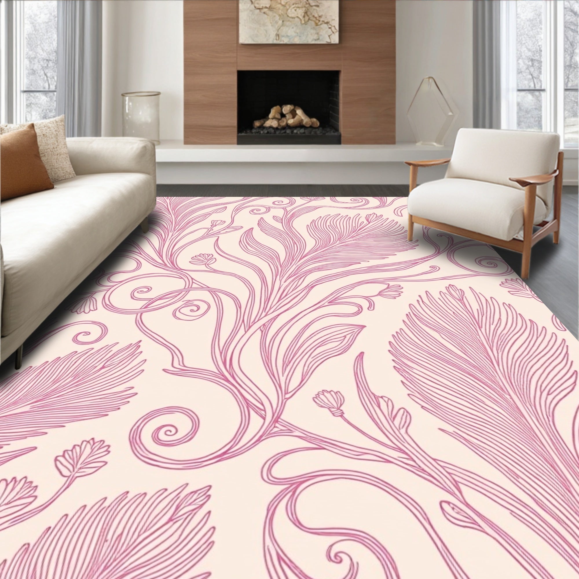 Pink Feather Swirl Art Nouveau Rug