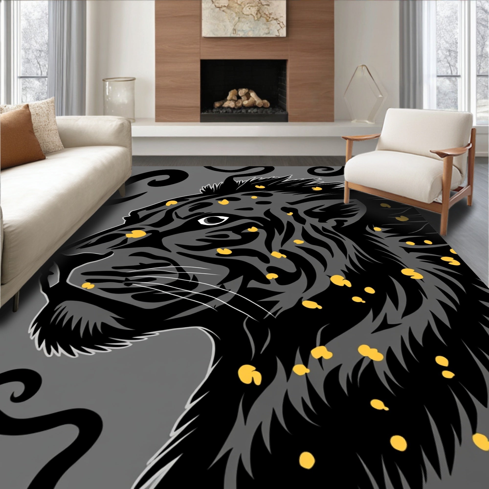 Bold Black Panther Yellow Spots Design Rug