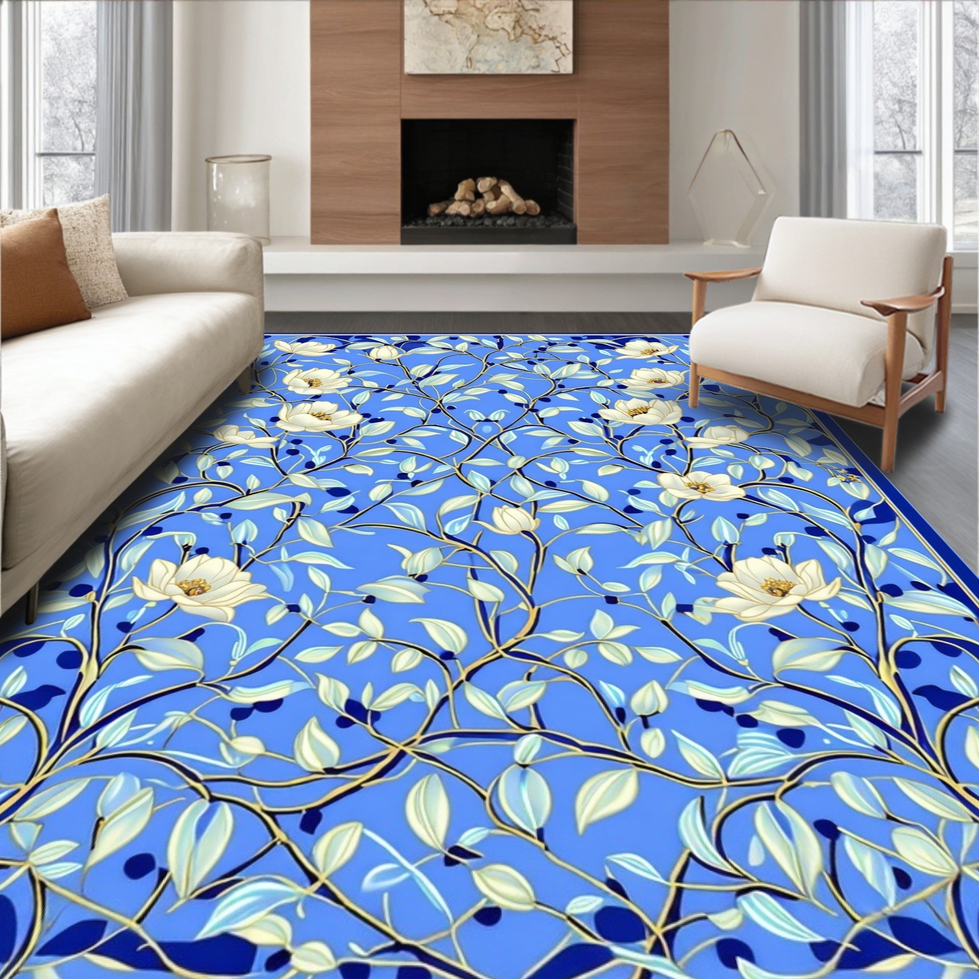 Blue Floral Vine Pattern Rug
