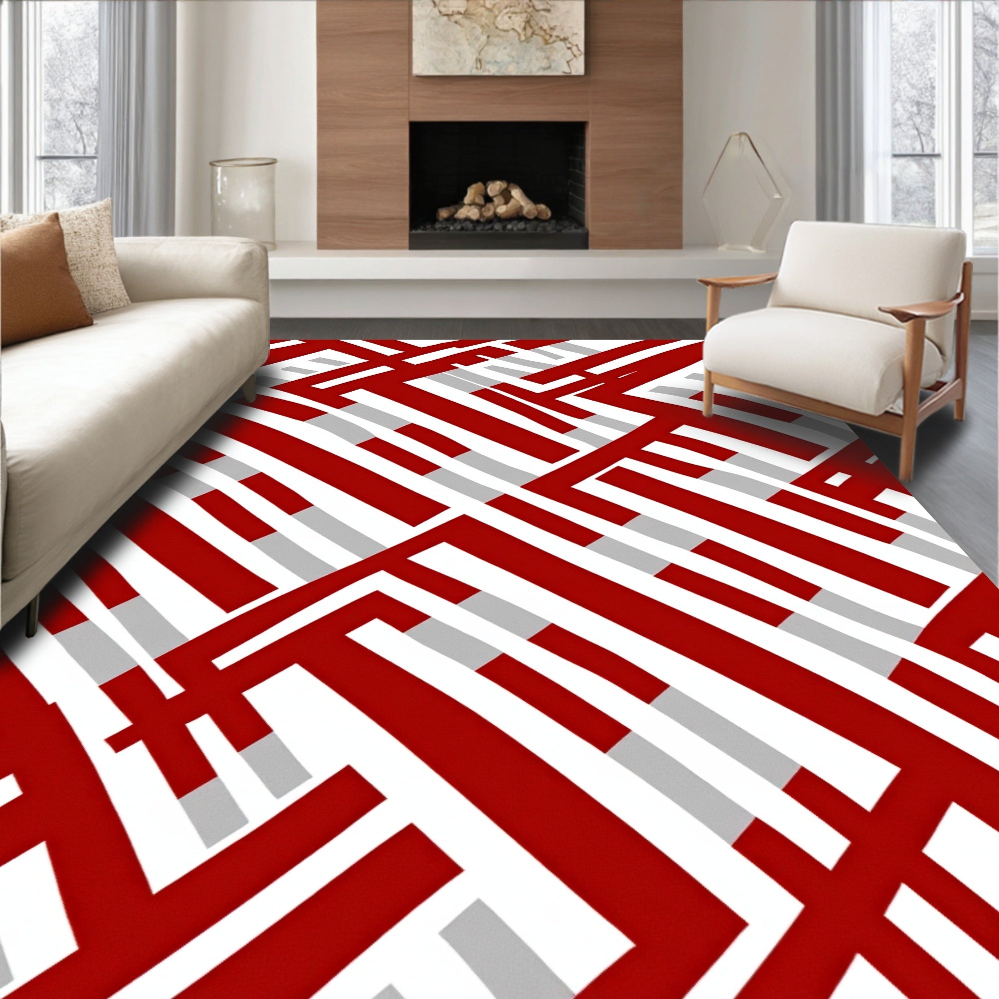 Bold Red White Interlocking Lines Rug