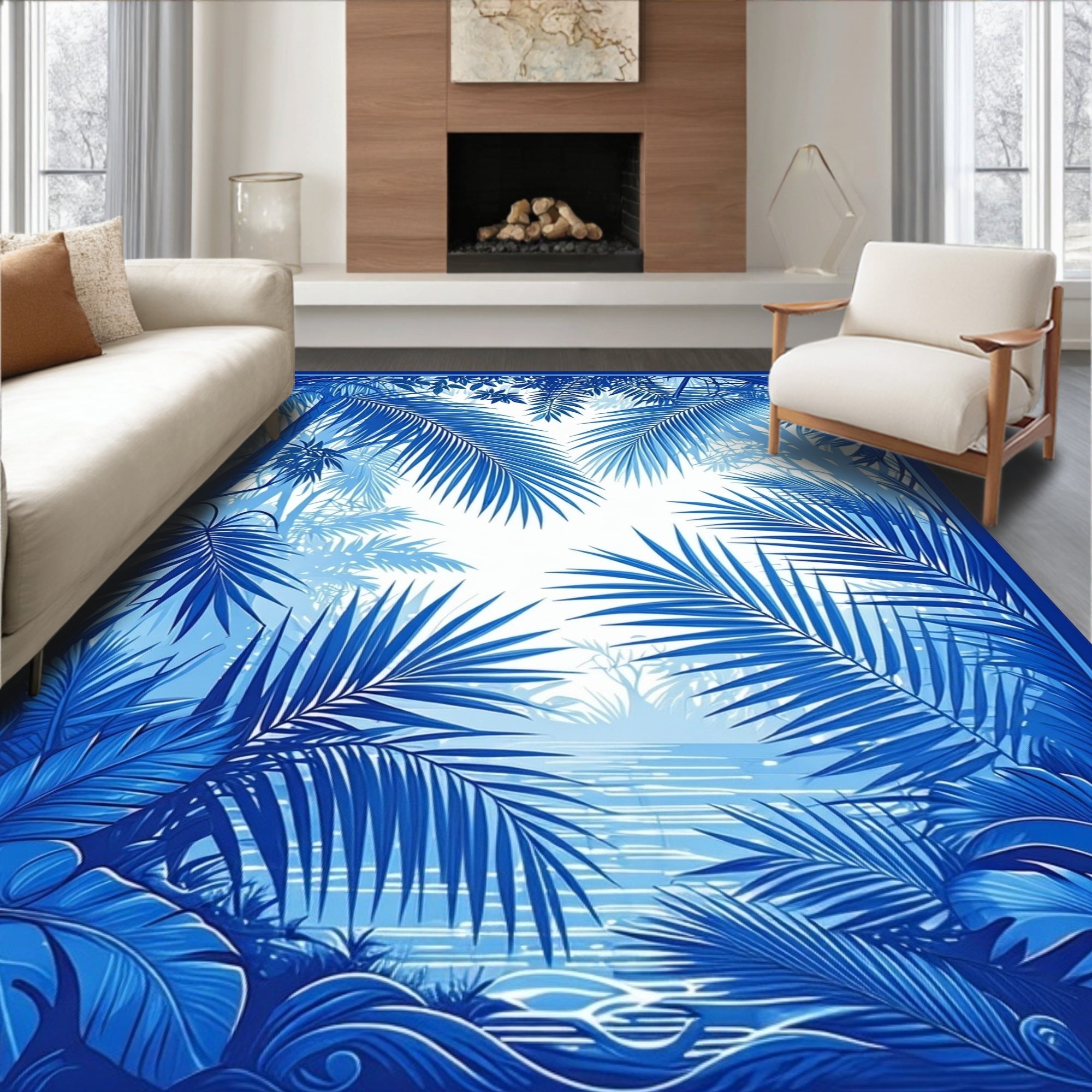 Vibrant Blue Tropical Jungle Scene Rug