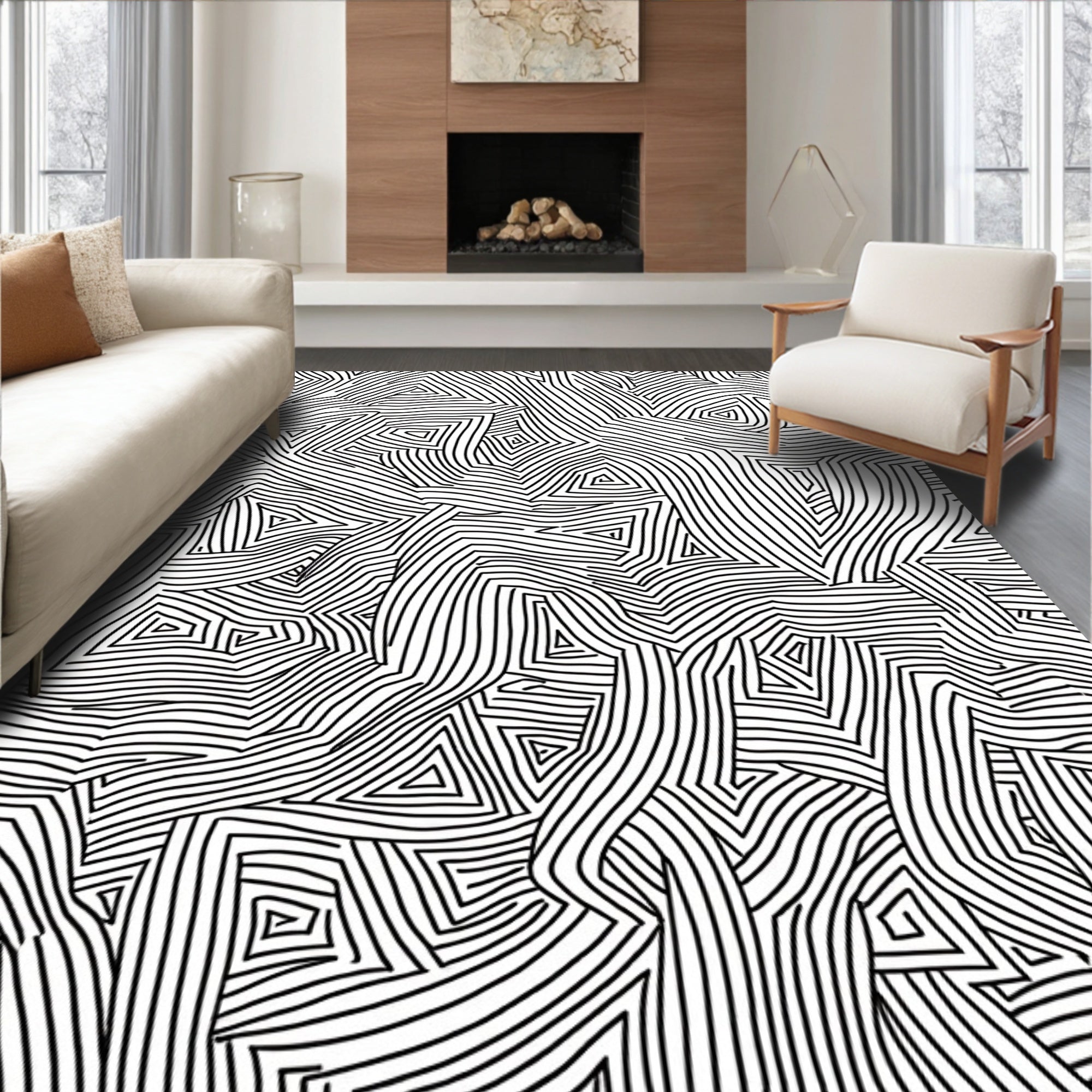 Abstract Black White Organic Geometric Rug