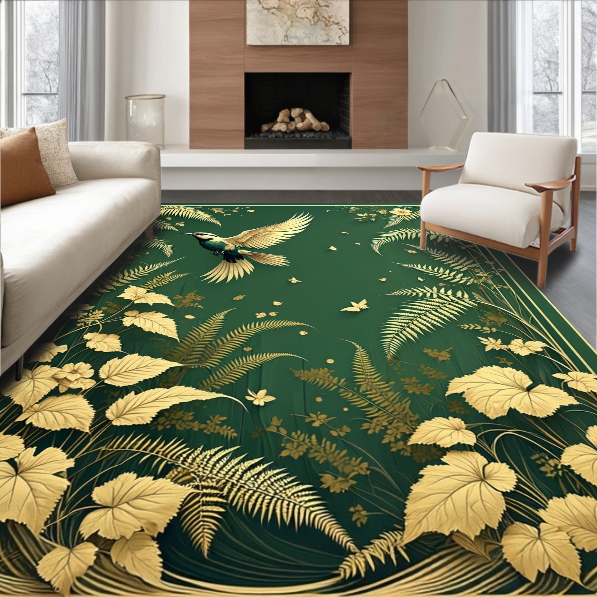 Gold Ferns and Bird Nature Pattern Rug
