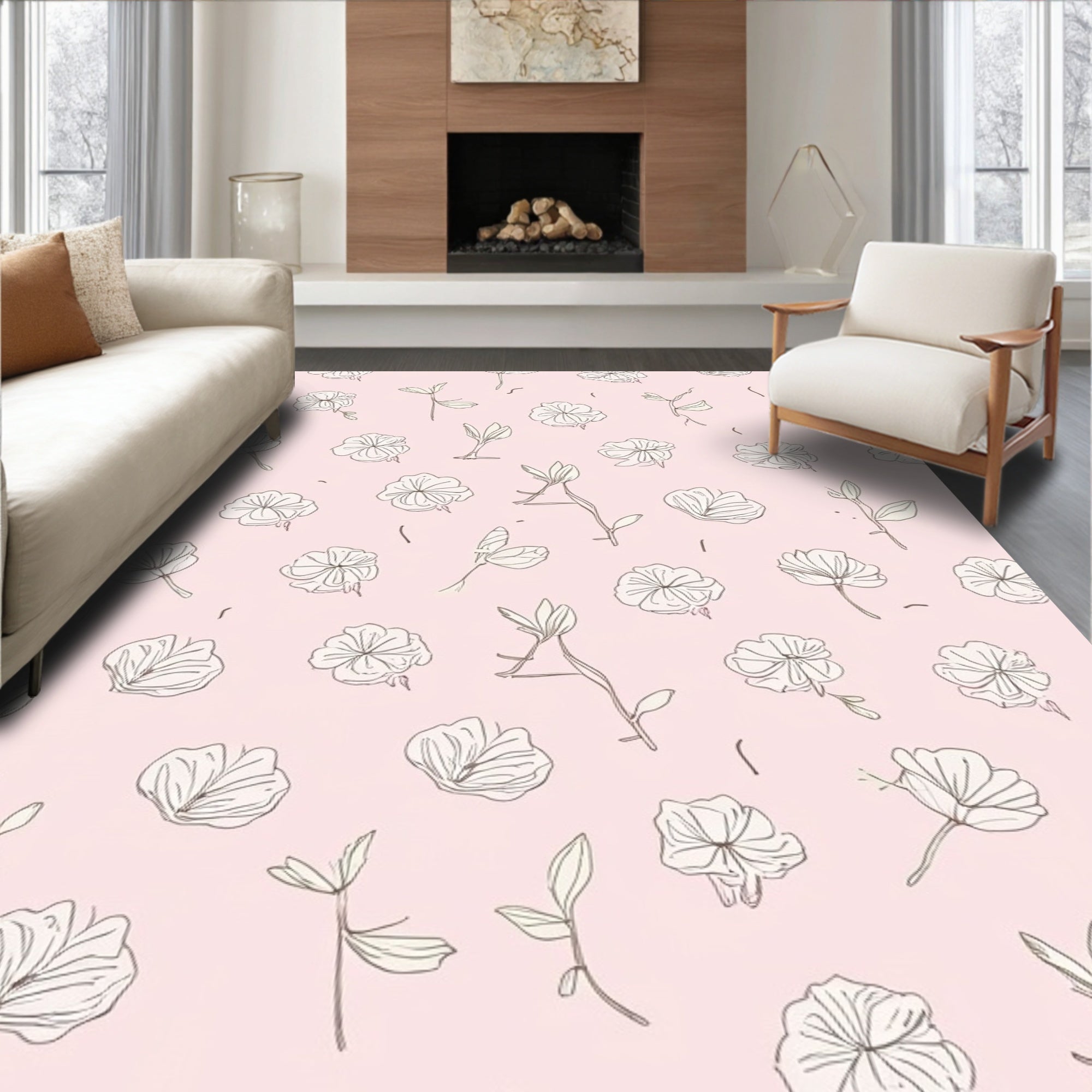 Delicate Floral Sketch Pattern Rug