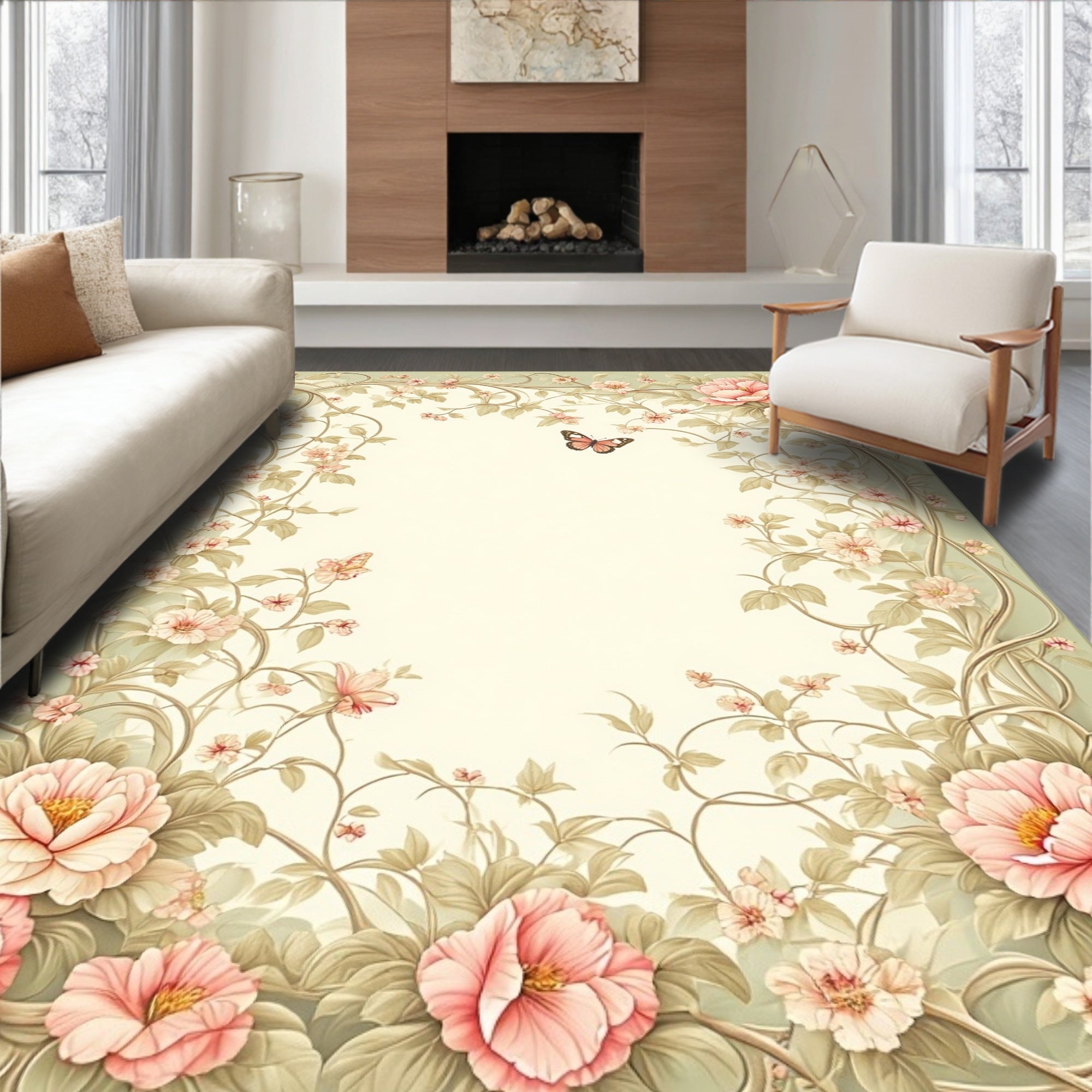 Floral Vine And Butterfly Design Rug
