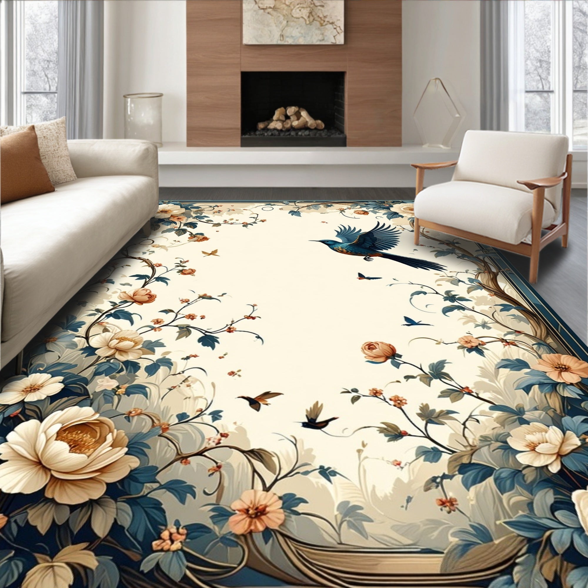 Elegant Floral Bird Garden Design Rug